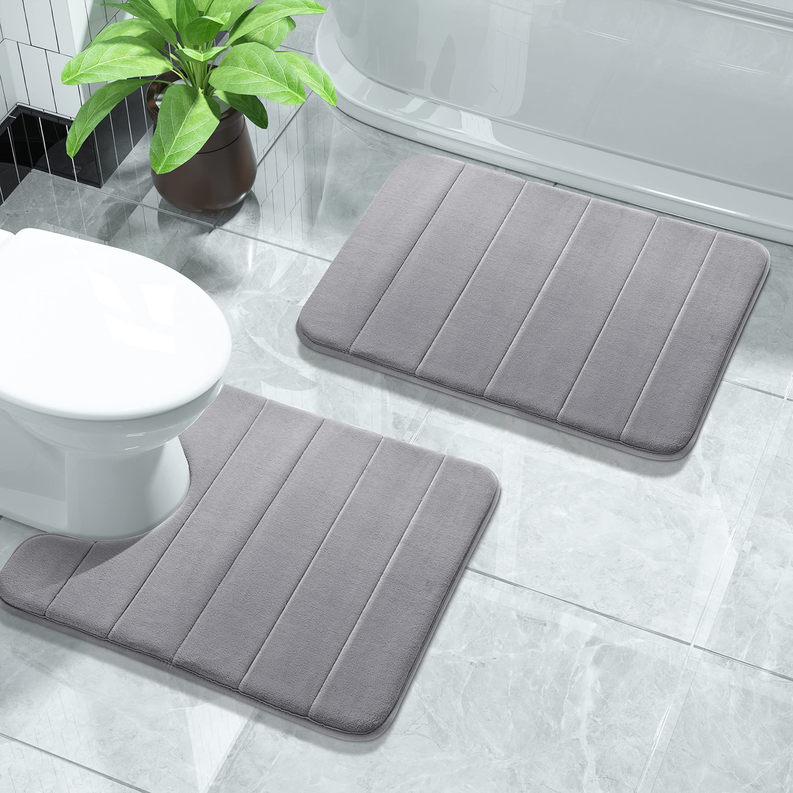 Yimobra Memory Foam Bath Mat Set, 2 Piece Soft Bathroom Rugs, 43x61 cm and 61x52 cm U-Shaped Rugs, Toilet Mat, Water Absorption, Non Slip, Thick, Dry Fast for Bathroom Floor Mat, Grey