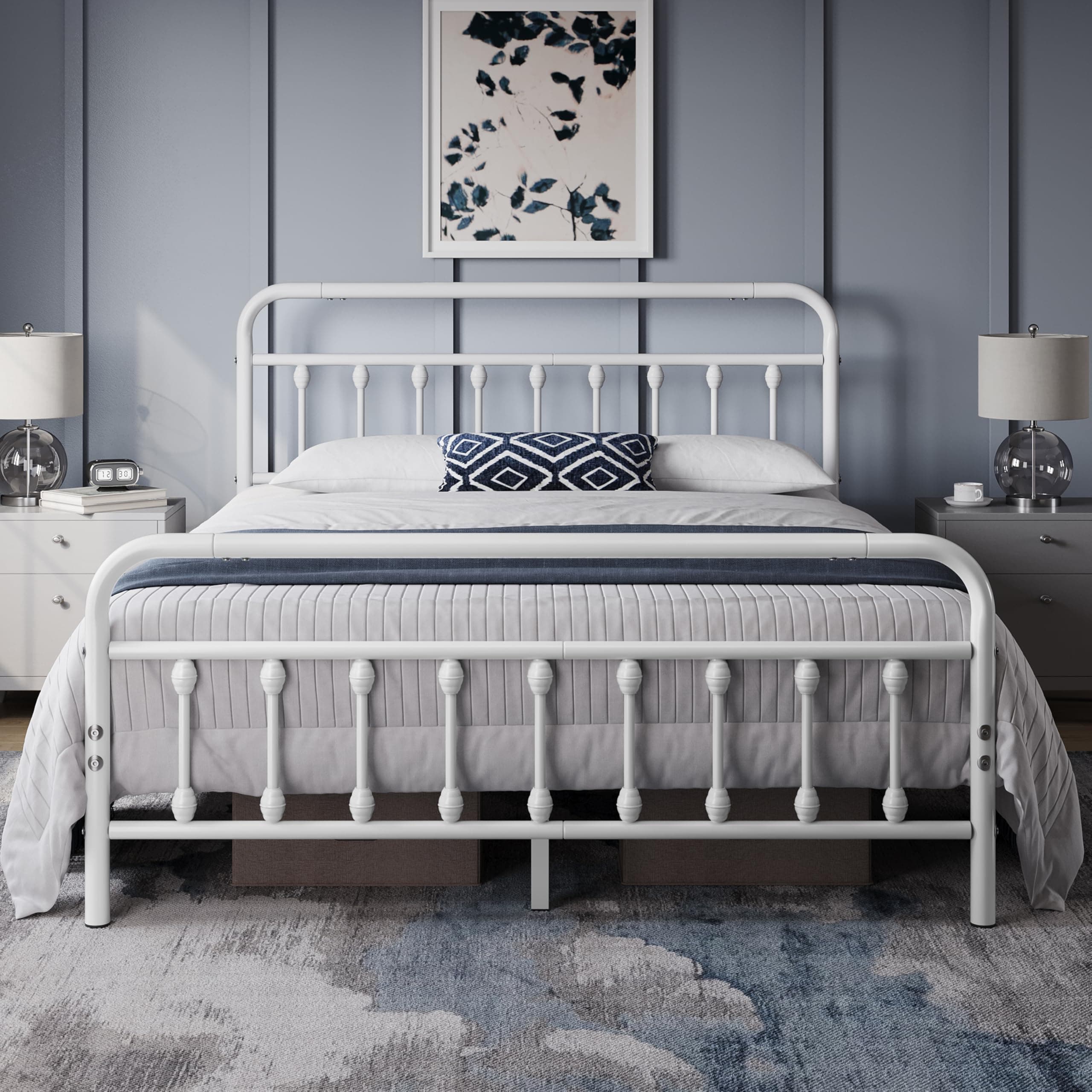 5ft King Bed Frame Vintage Iron Platform Bed with High Headboard and Footboard, Strong Metal-Framed Bed with Storage White