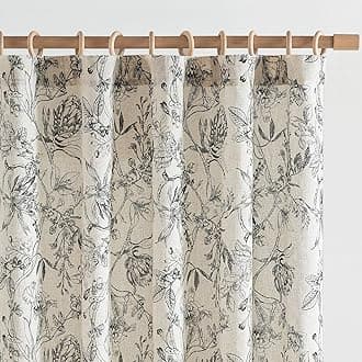 jinchan Floral Curtains 90 Inch Length Black Flower Linen Farmhouse Curtains for Living Room French Country Vintage Curtains Rod Pocket Curtains Set 2 Panels Balck Flower Printed Curtains