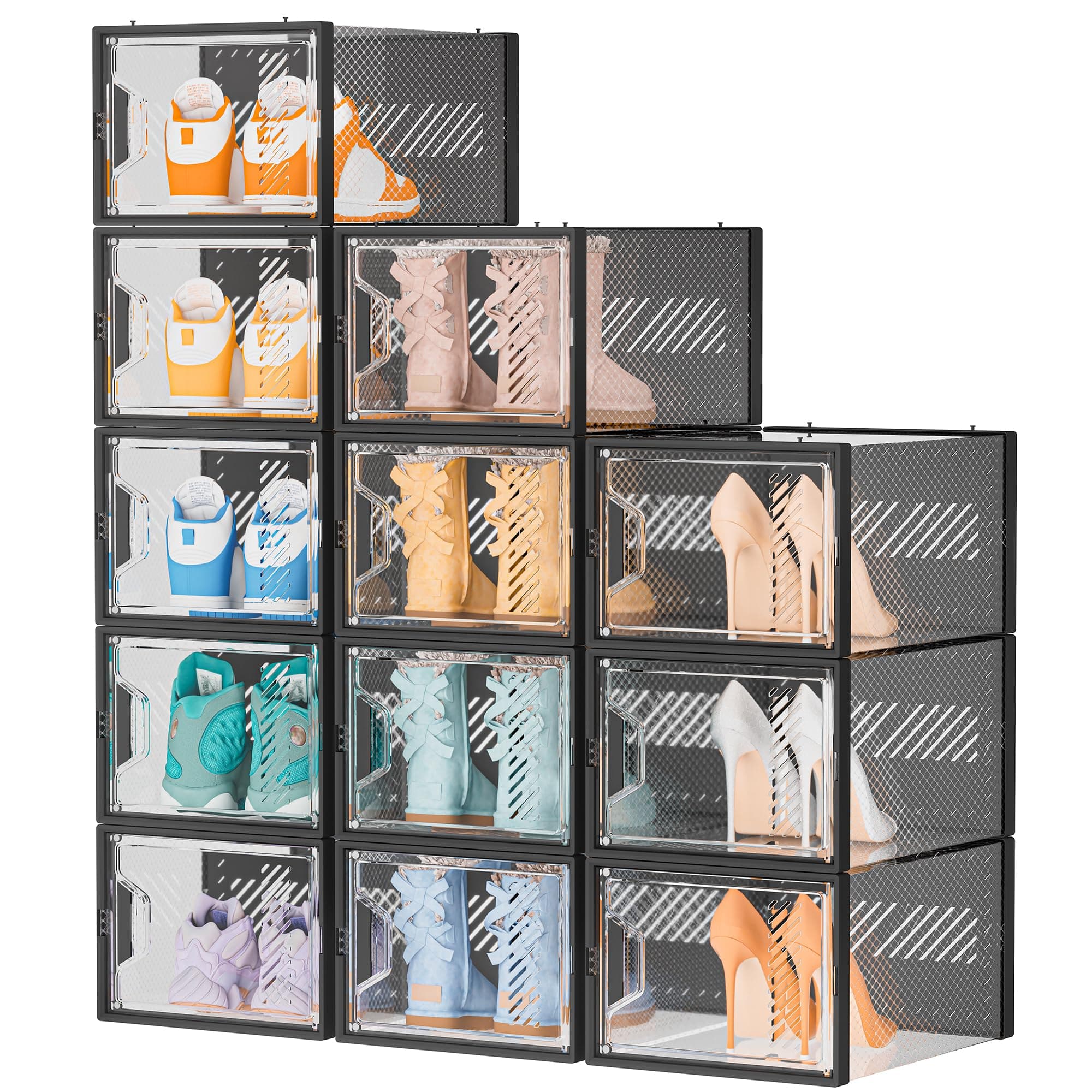 Shoe Storage Box,12 pcs Shoe Box Clear Plastic Stackable, Shoe Organizer Containers with Lids for Women/Men,Fit up to UK 12