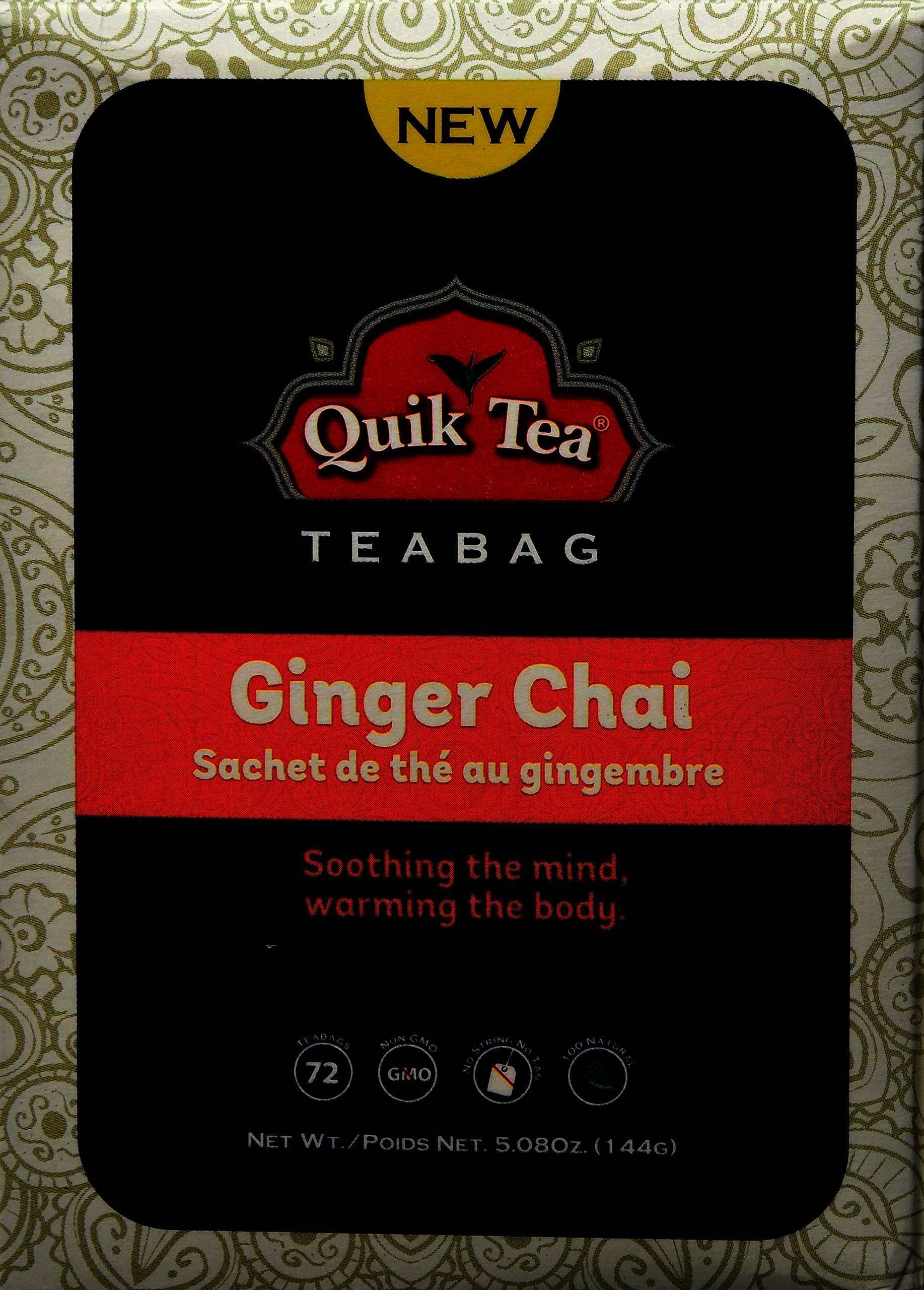 QuikTea Ginger Chai Tea Bags - 72 Count Single Box - Packaging May Vary - All Natural Preservative Free Tea Bags from Assam