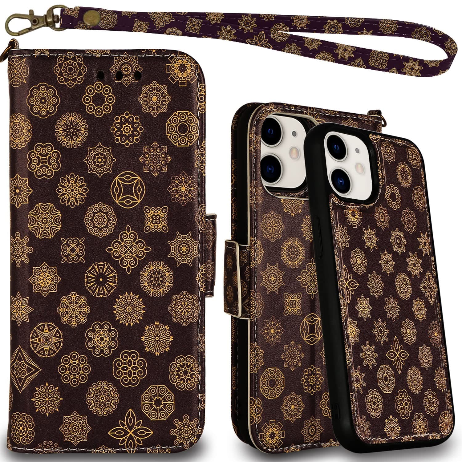 MEFON iPhone 11 Case Wallet Leather Detachable, Wireless Charging Compatible, with Tempered Glass and Wrist Strap, Magnetic Detachable Flip Folio Phone Cases for Apple iPhone 11 6.1 (Mandala 1)