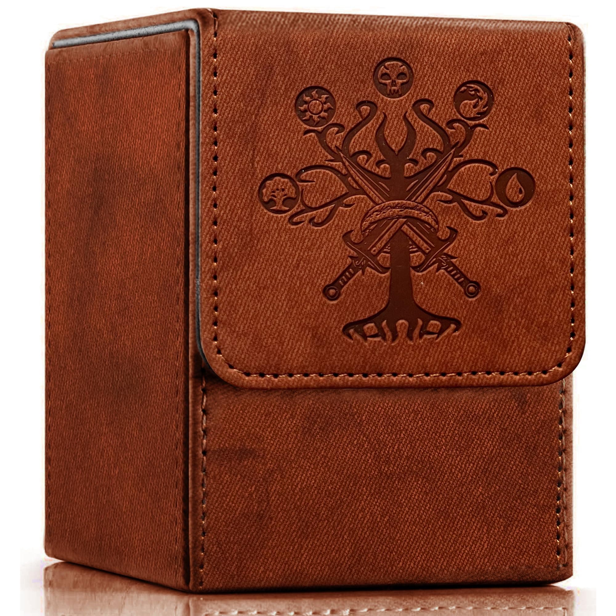 MTG Card Deck Box, Commander Deck Box Fits 100+ Single Sleeved Cards, Storage for TCG/MTG Crads, PU Leather Strong Magenet (Brickred, Tree)