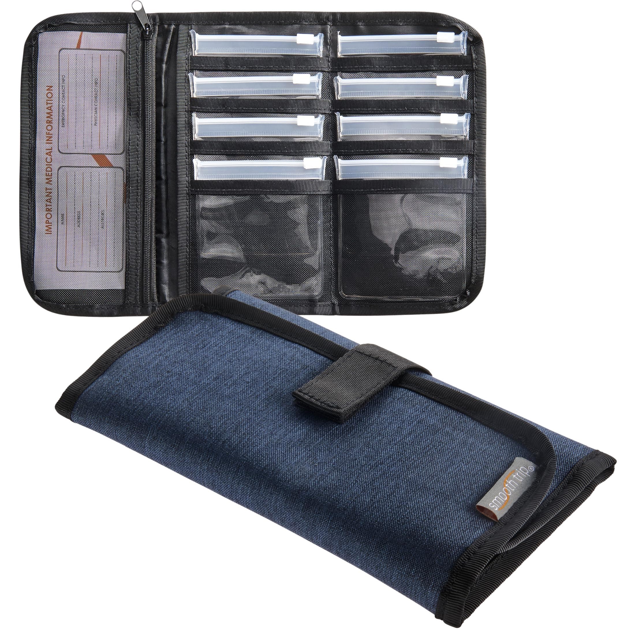 Smooth Trip Folding Pill Organizer - Slim Medicine Wallet and Foldable Pill Pouch Organizer with 8 Food Grade Zip-Close Pill Pouches for Home and Travel Medication Storage