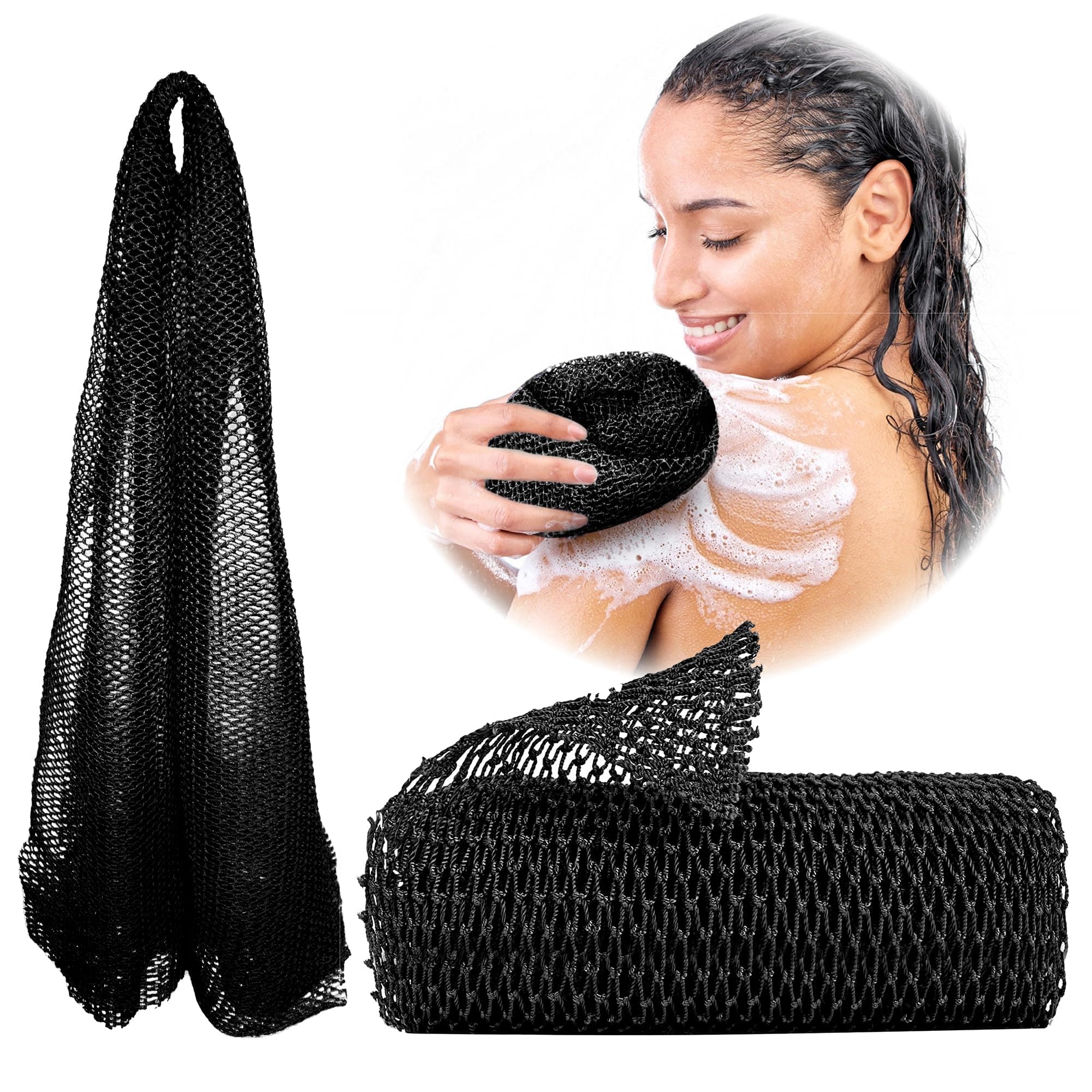 African Net Sponge, Authentic, Real, Black Owned, Exfoliating Bath Wash Cloth, Long Sponge, Body Exfoliator, Sapo, Shower Bath Accessories, Back Foot Scalp Scrub, Flat Dead Skin Remover (Black)