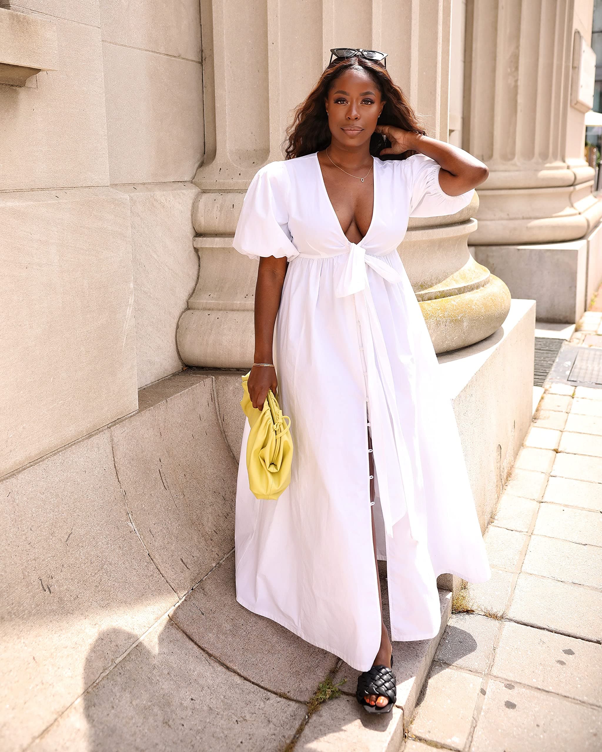 The Drop Women's Cornflower Blue Puff-Sleeve Front-Bow Button-Down Maxi Dress by @highlowluxxe