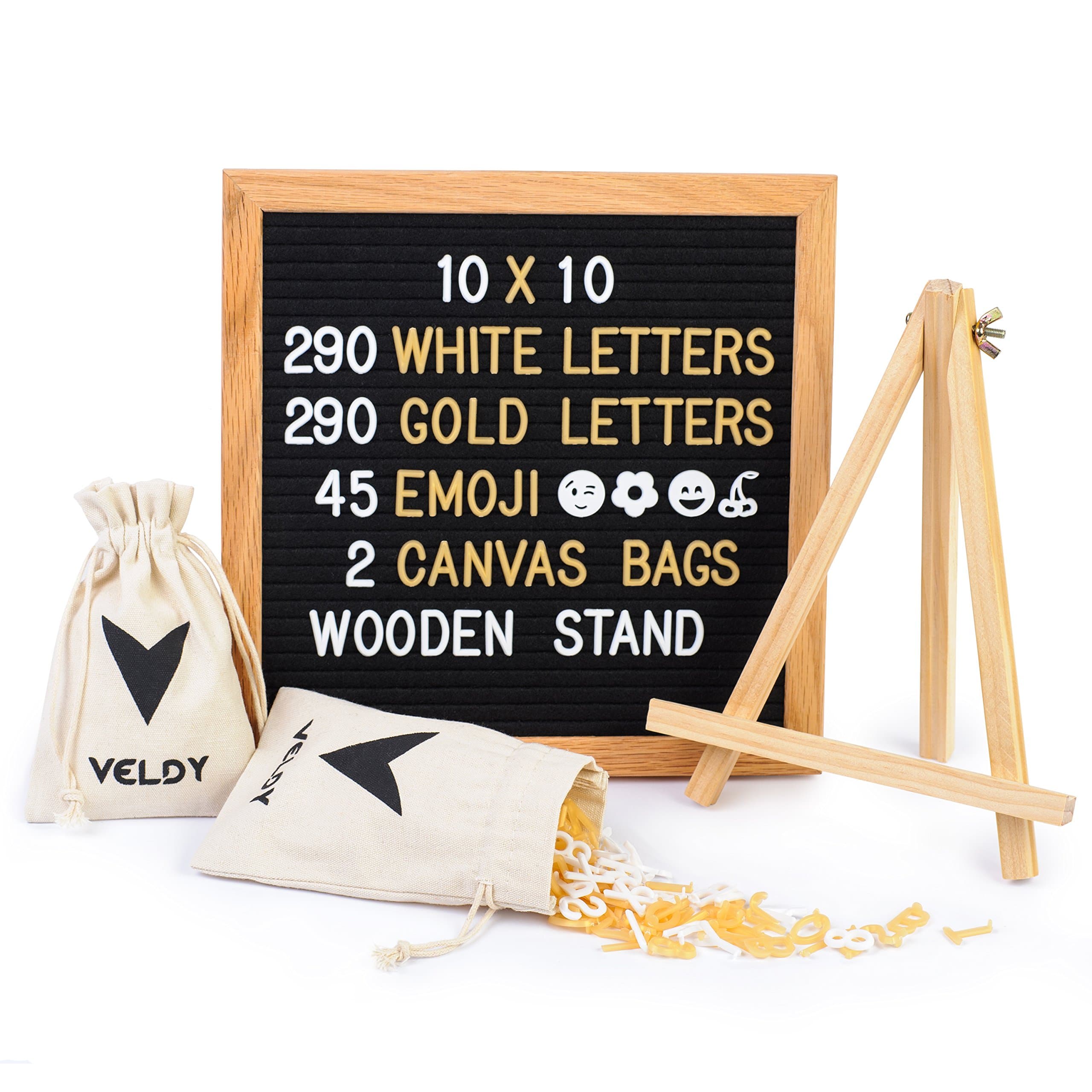 Felt Board - Letter Board for Changeable Messages- Oak Frame- 10x10 Black- 625 White and Gold Plastic Letters/Numbers and Emojis/2 Storage Bags +Stand and Wall Mount for Home and Office Decoration