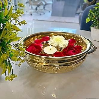 SATVIK Decorative 12.25" Inch (10" Inner Dia) Embossed Brass Urli For Floating Candles and Flowers Designer Bowl For Living Room Decoration