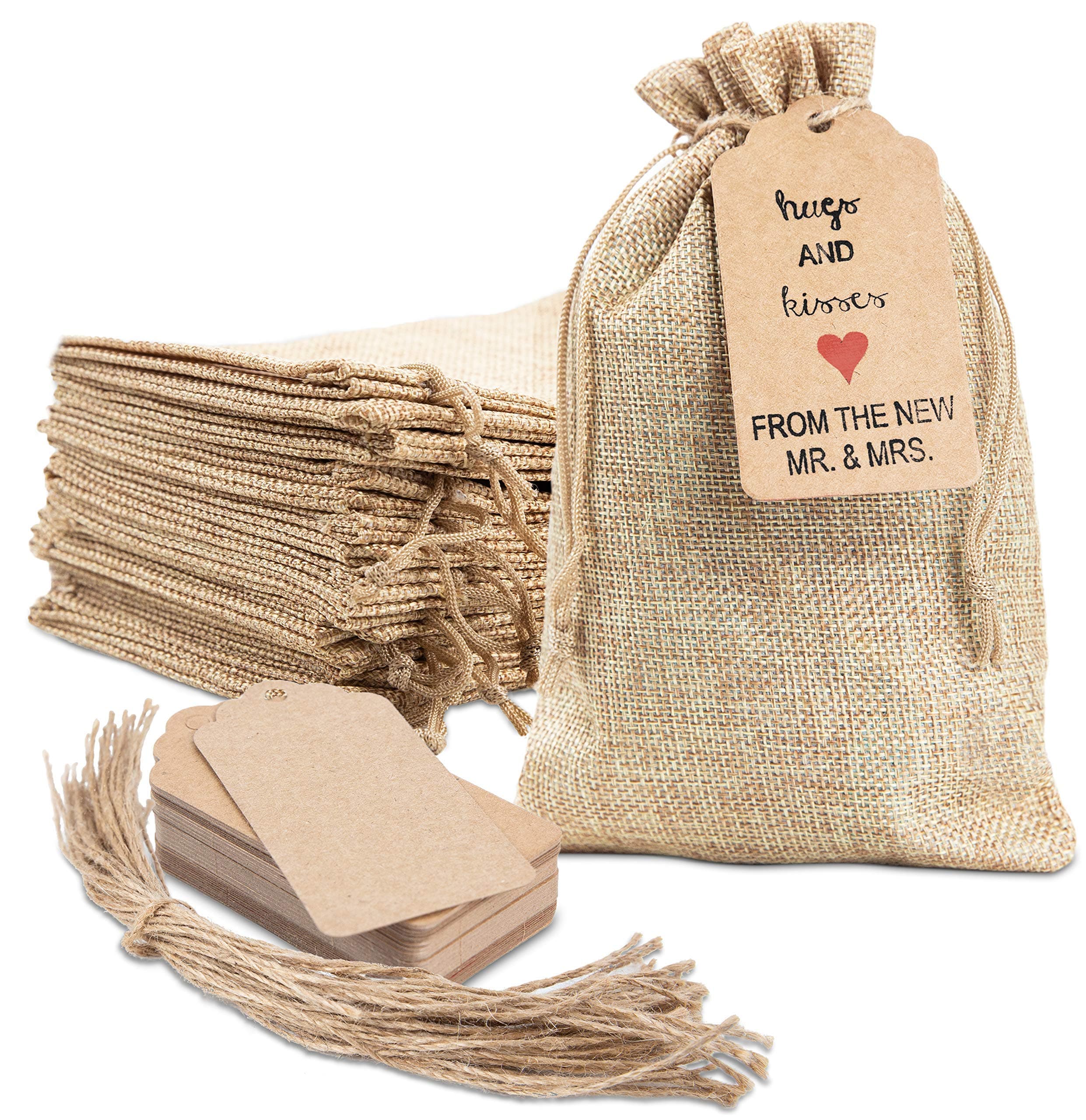 DA THYME! 25x Burlap Gift Bags With Drawstring 5x7.5 Small Party Favor Gift Bags + Bonus Gift Tags & String! Brown Bags Bulk Small Size For Birthday Bag, Craft Bags Or Party Bags For Kids Birthday!