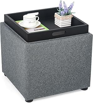 Adeco 17 inch Square Storage Ottoman with Reversible Tray Top, Linen Fabric Footrest Stool & Small Coffee Table for Living Room, Bedroom, and Dorm, Grey