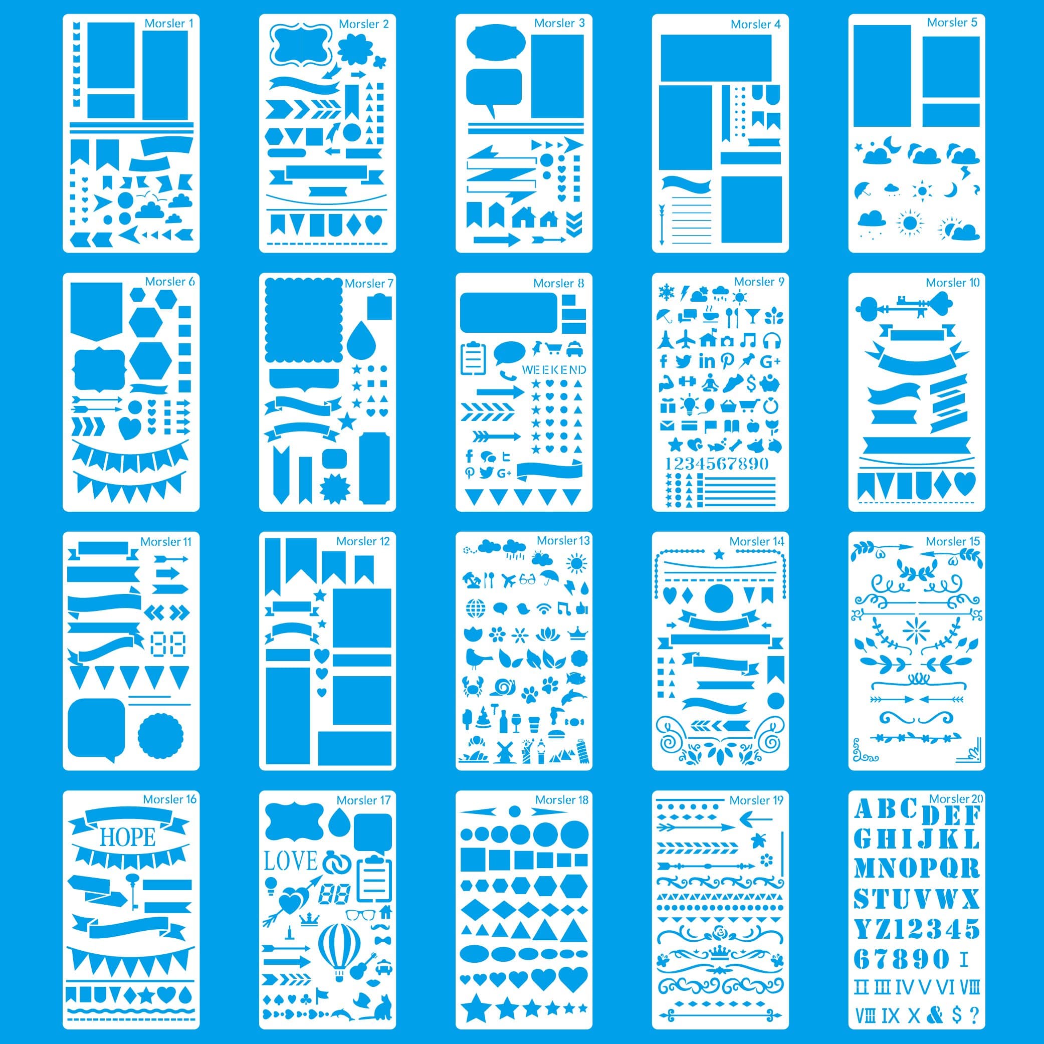 MORSLER 20 Pieces Journal Stencil Plastic Planner Stencils for Journal/Notebook/Diary/Scrapbook DIY Drawing Template