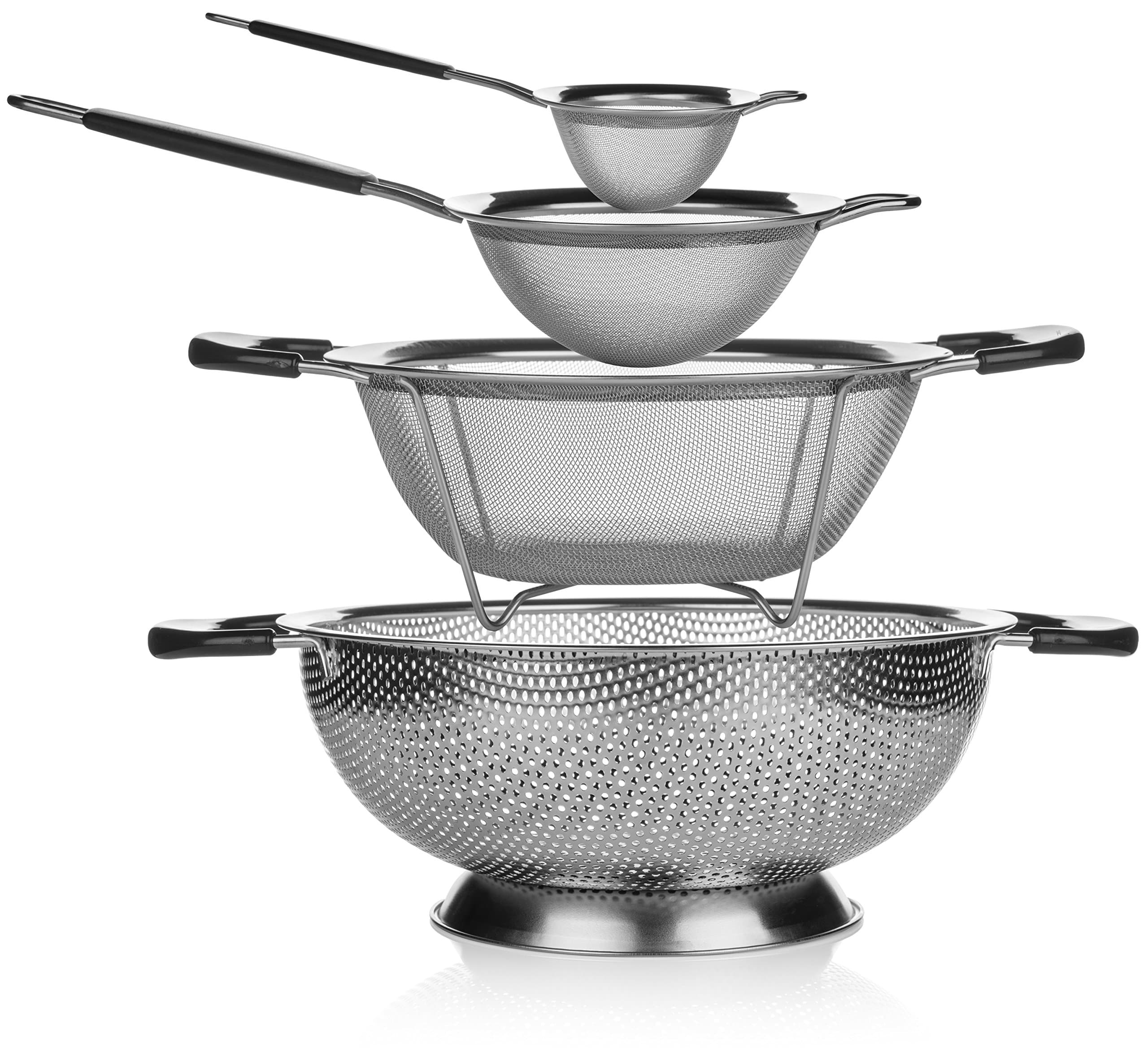 Elite Kitchen Strainer and Colander Set - 4 Piece Stainless Steel Strainers Set Includes Large Colander, Fine Mesh Strainer, Sifter and Sieve - Food Strainers, Spaghetti Strainer, Quinoa Strainer