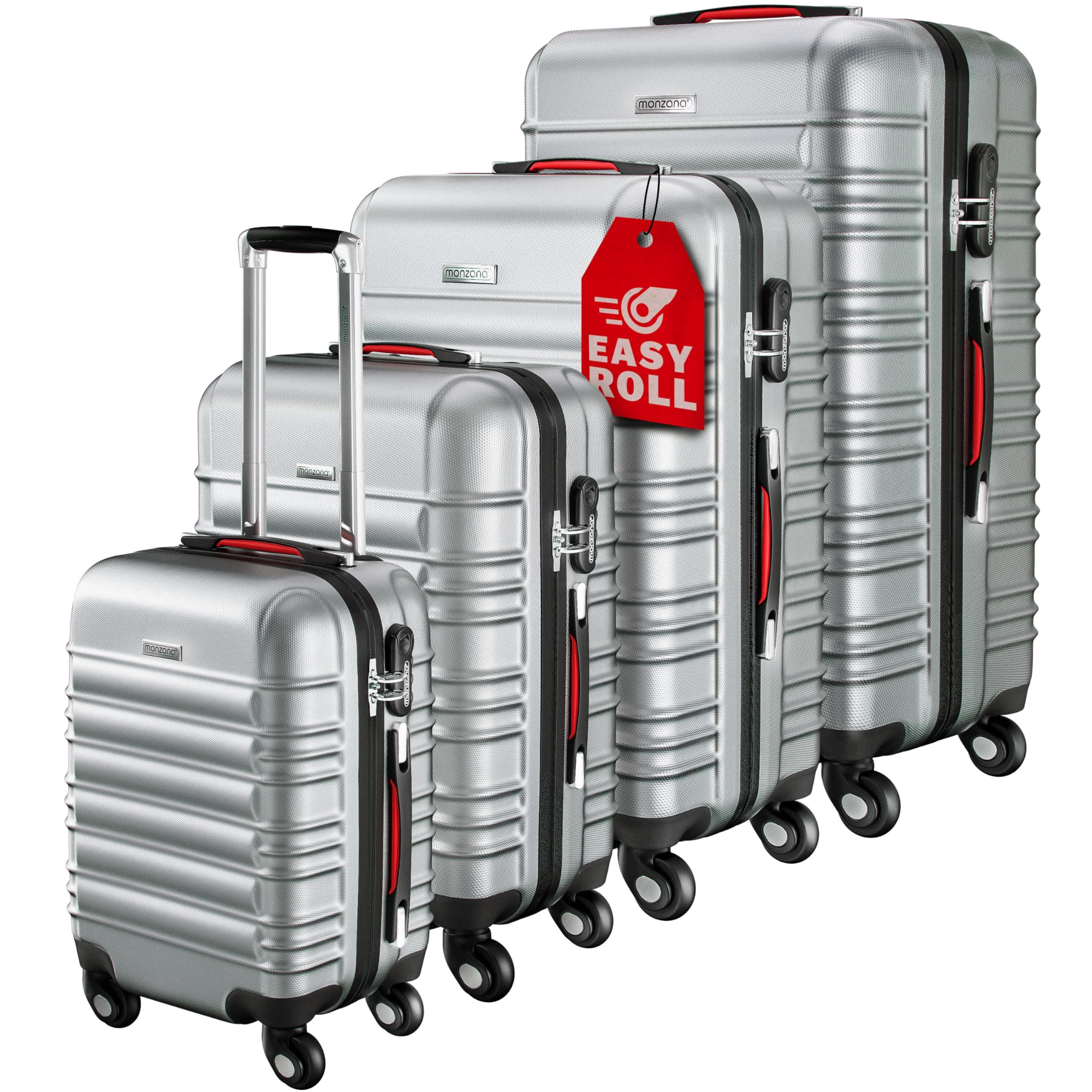Suitcase Set - Silver Luggage Sets for Travel - 4 Piece Lightweight ABS Hard Shell Suitcases, Telescopic Handle & Spinner Wheels - Built in Lock, Small Cabin Bag Medium Large XL