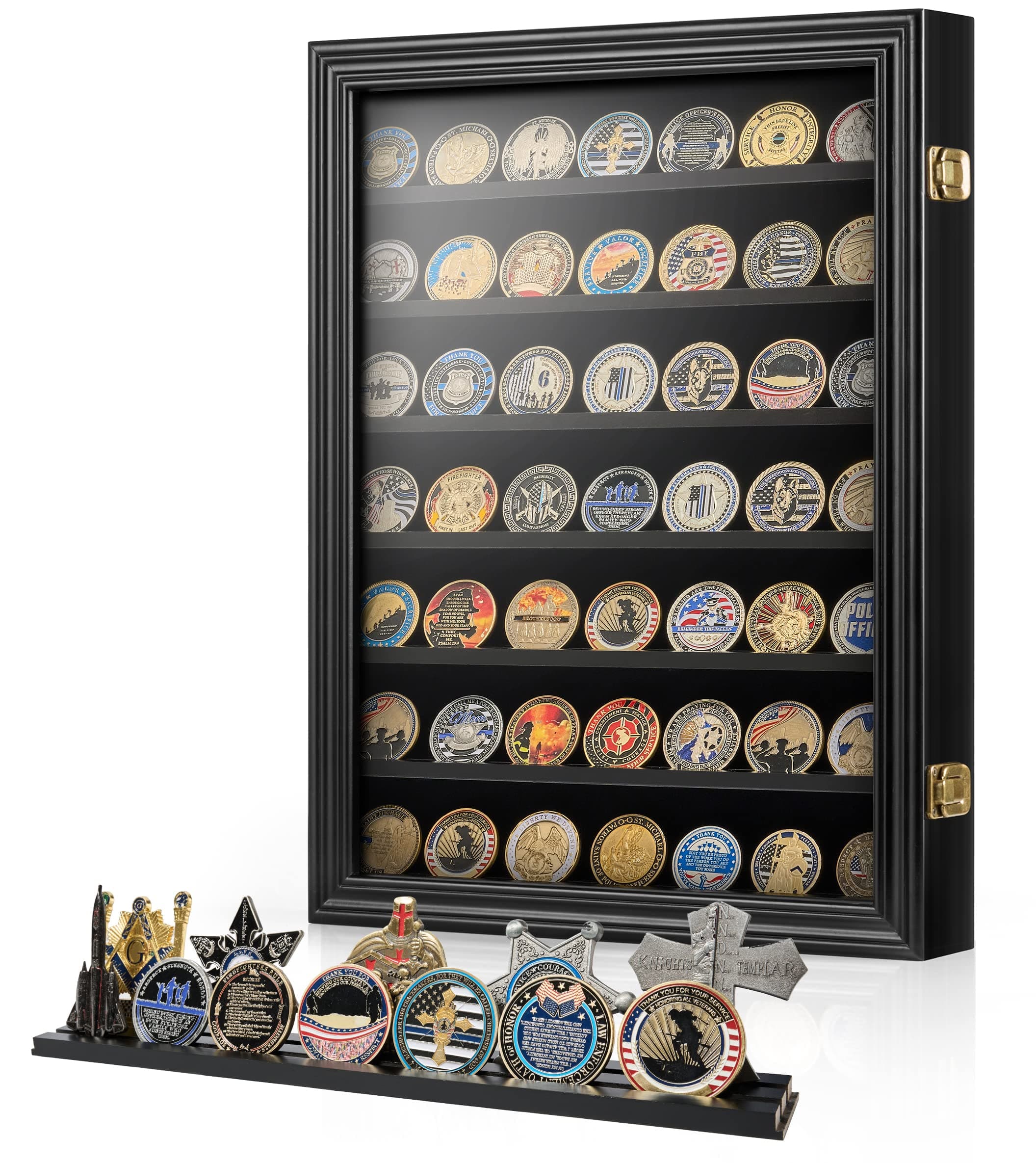 7 Rows Military Challenge Coin Holder Wall Display Case with HD Tempered Glass – Holds 100 Coins, Medal Display Cabinet Rack Shadow Box with Removable 2-Groove Shelves for Casino Poker Chips, Black