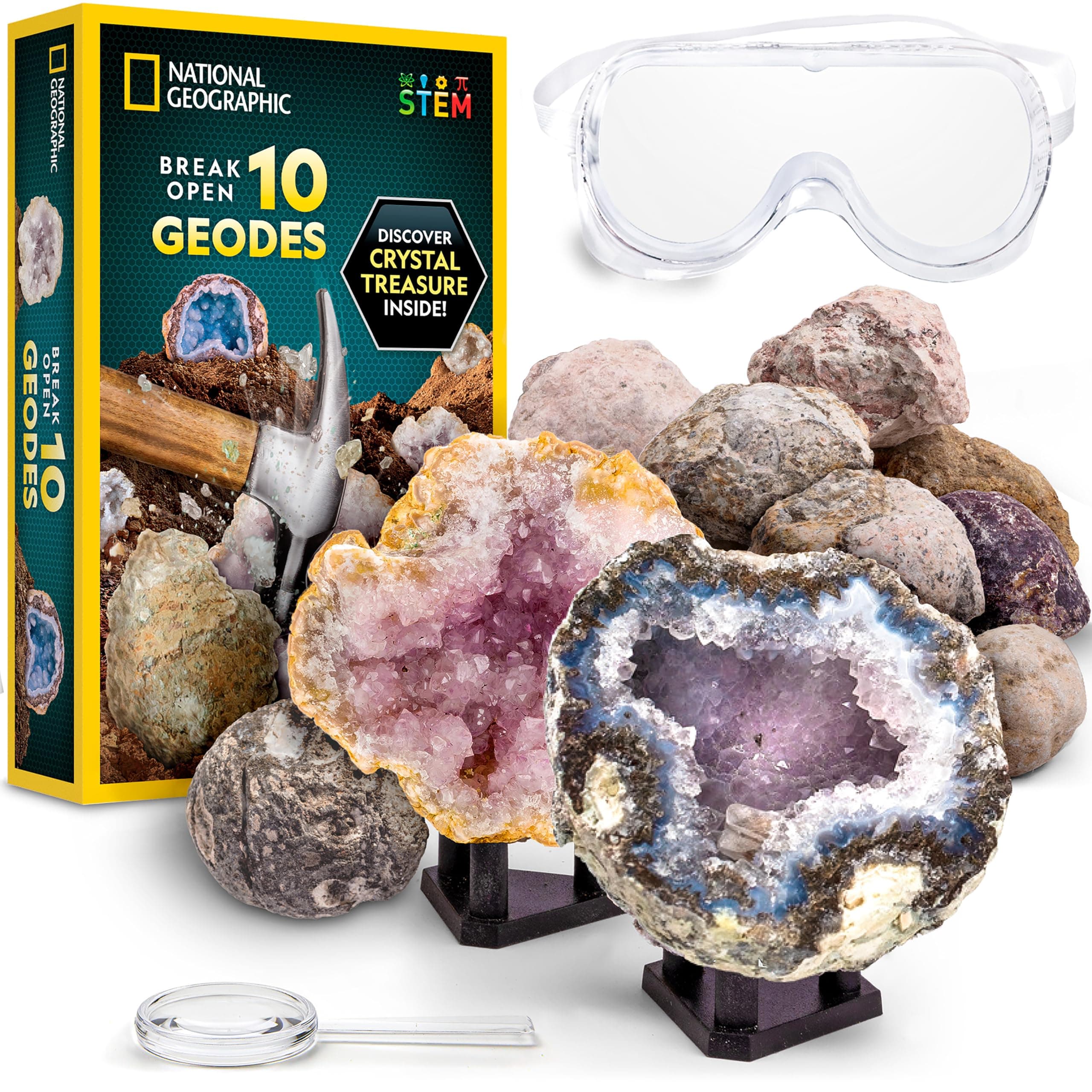Blue Marble NATIONAL GEOGRAPHIC Break Open 10 Premium Geodes – Includes Goggles, Detailed Learning Guide & 2 Display Stands - Great STEM Science Gift for Mineralogy & Geology Enthusiasts of Any Age
