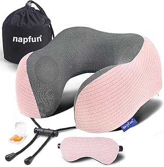 napfun Neck Pillow for Traveling, Upgraded Travel Neck Pillow for Airplane 100% Pure Memory Foam Travel Pillow for Flight Headrest Sleep, Portable Plane Accessories, Pink Striped Kit