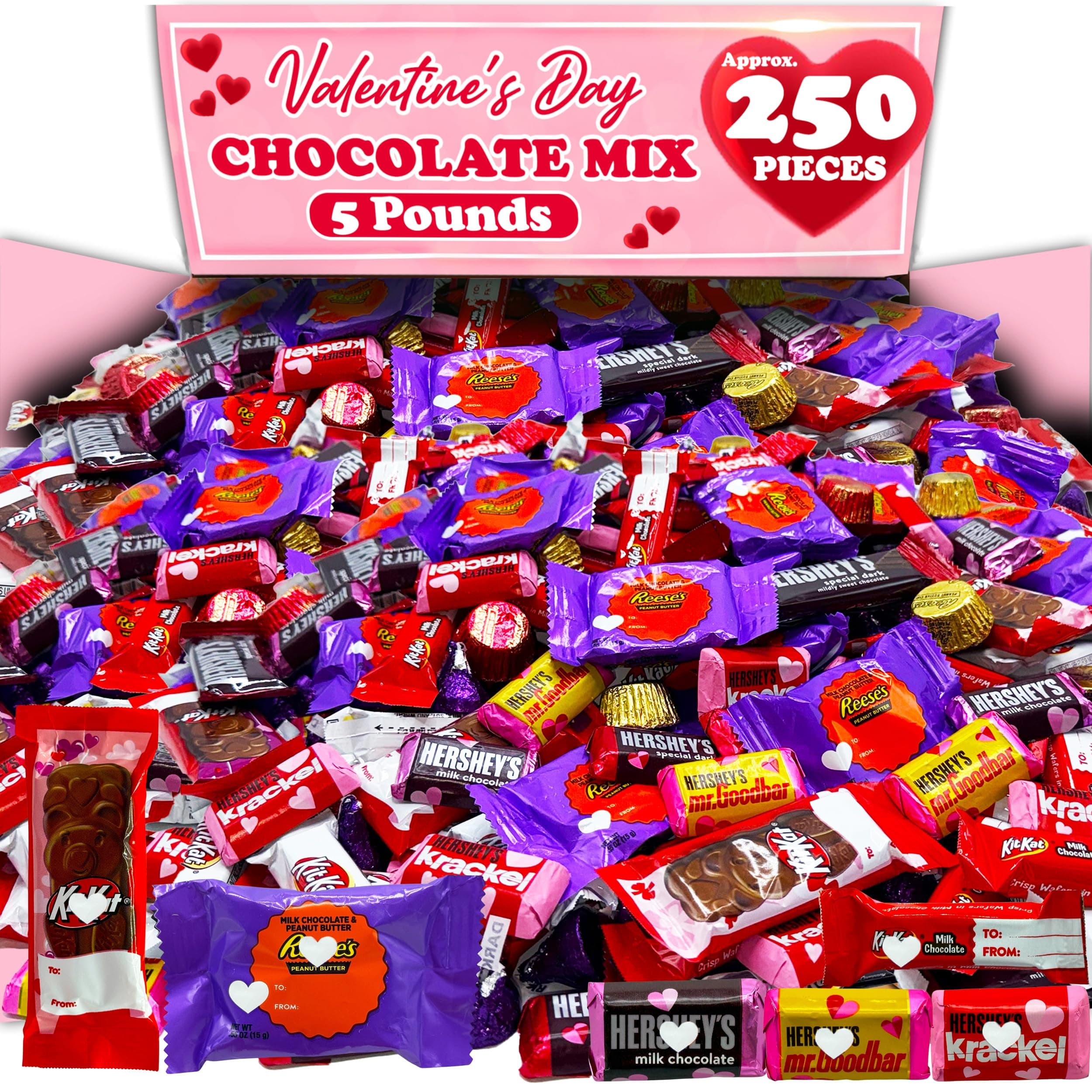 VALENTINE'S DAY CHOCOLATE CANDY BULK, 5 Lb Mix, Individually Wrapped, Heart Milk Chocolate, Classroom and Friendship Exchange, Red and Pink Candy, Twizzlers
