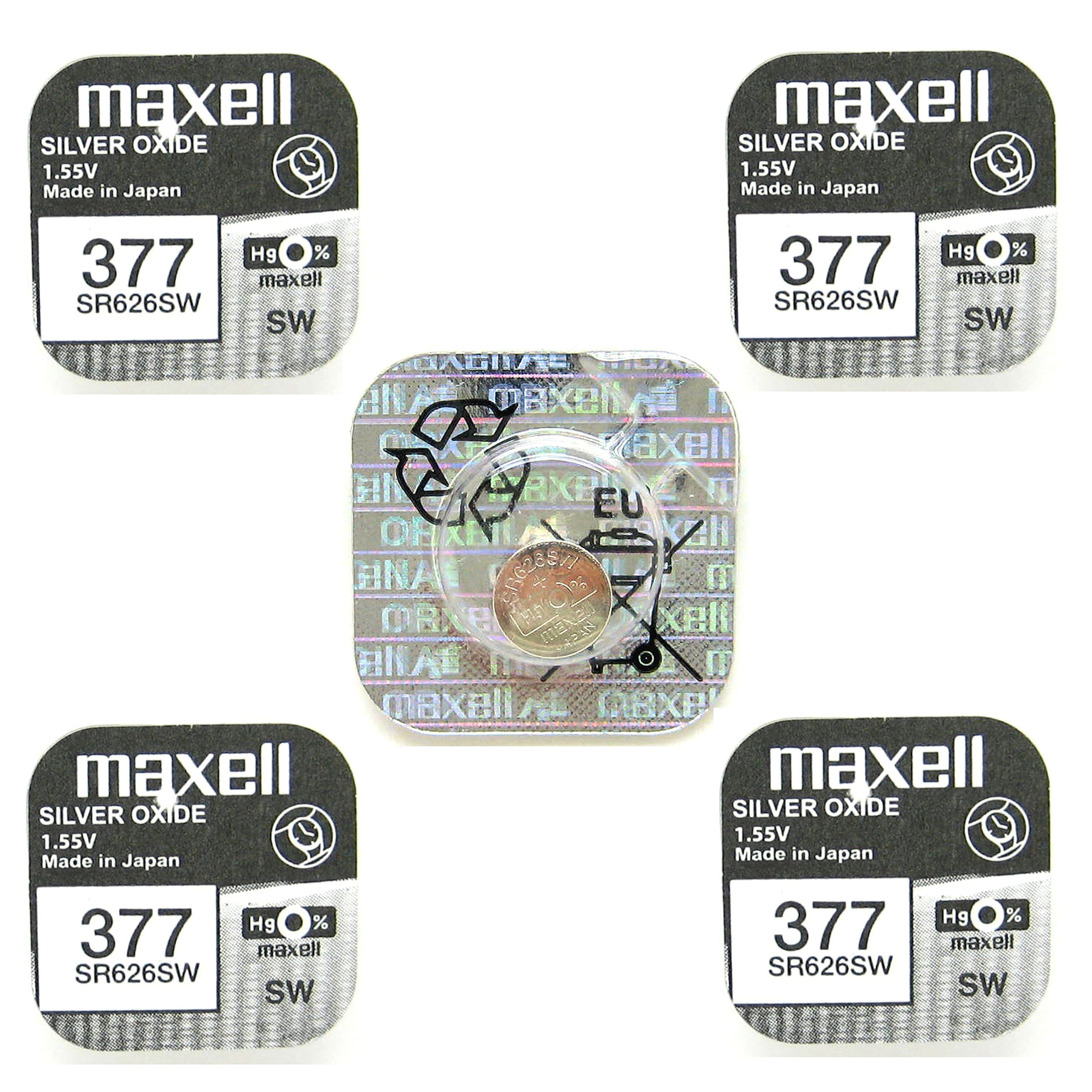 Maxell 377 battery, silver oxide, 1.55 V, 5 x single blister.