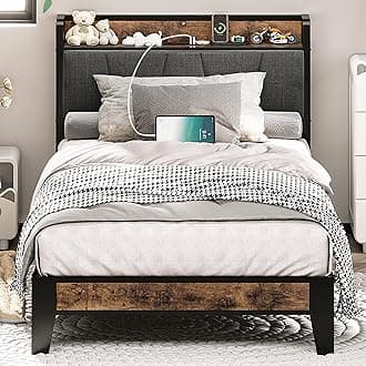 LIKIMIO Single bed frame, storage headboard with charging station, solid and stable, no noise, no need for bed base, easy assembly