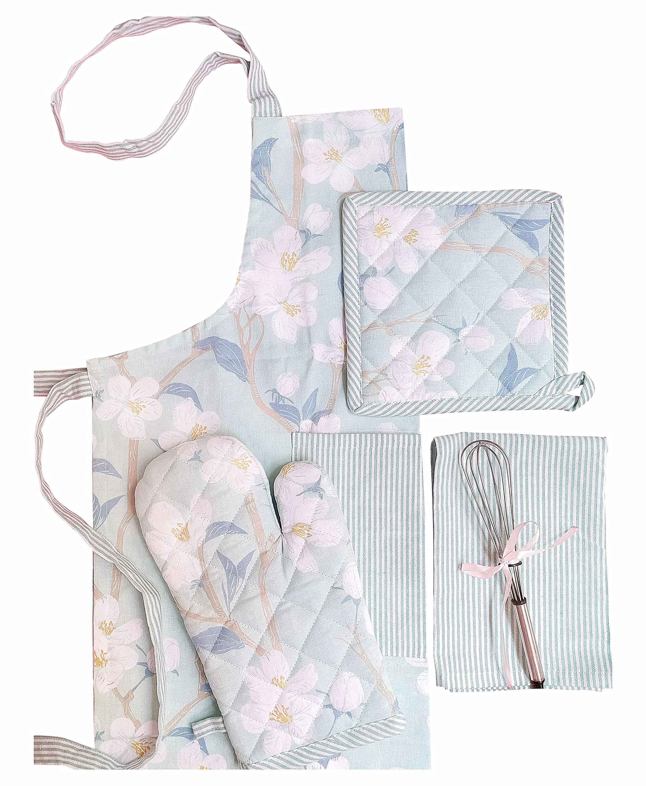 PIXEL HOME DECOR Printed Apron With Oven Mitt and Pot Holder with Kitchen Towel - Cherry Blossom Collection (Teal Blossom)