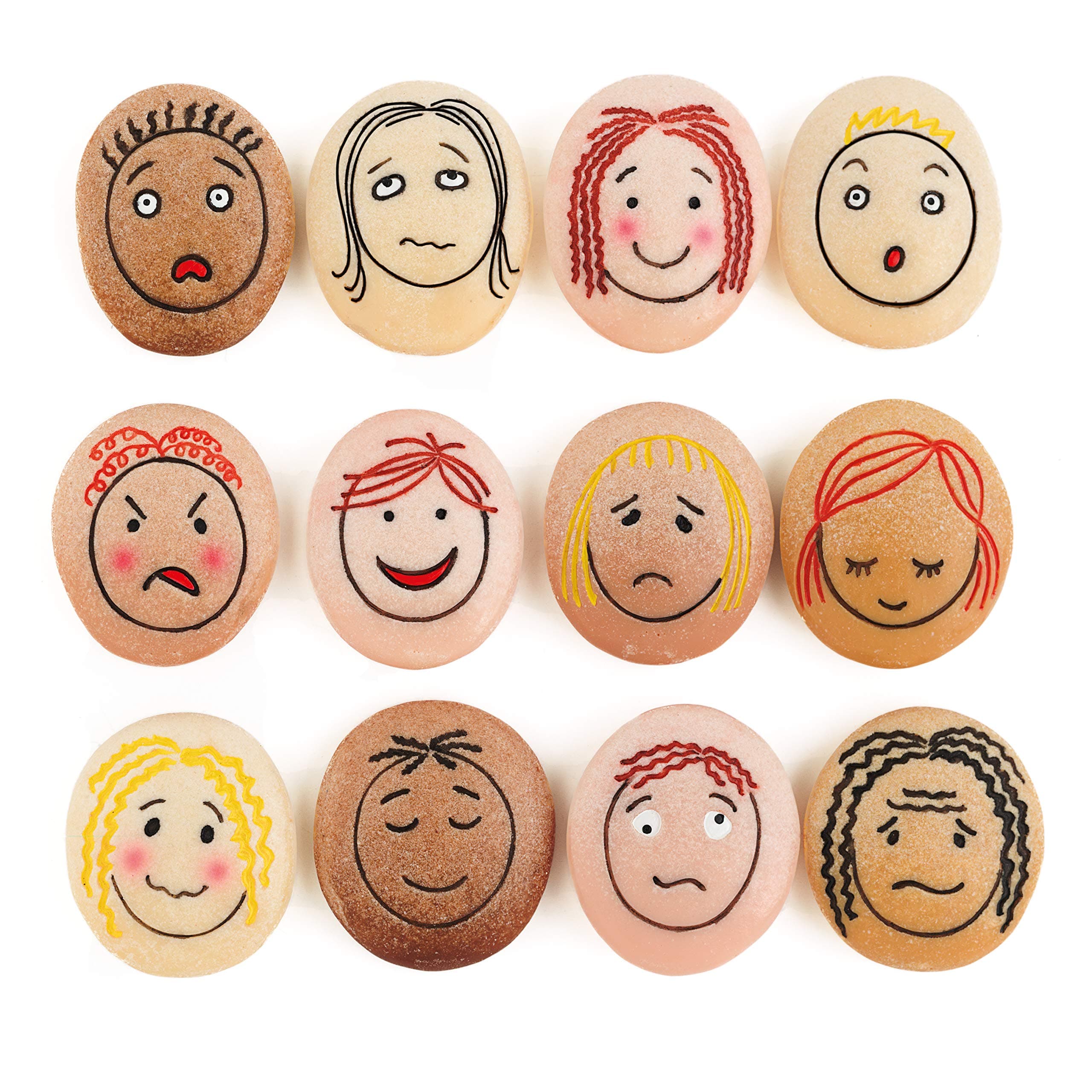 YD-21 Emotion Stones with Faces Showing Common Emotions, Set of 12, Kindergarten Grade to 3 Grade, 5" H, 3" L, 3" W