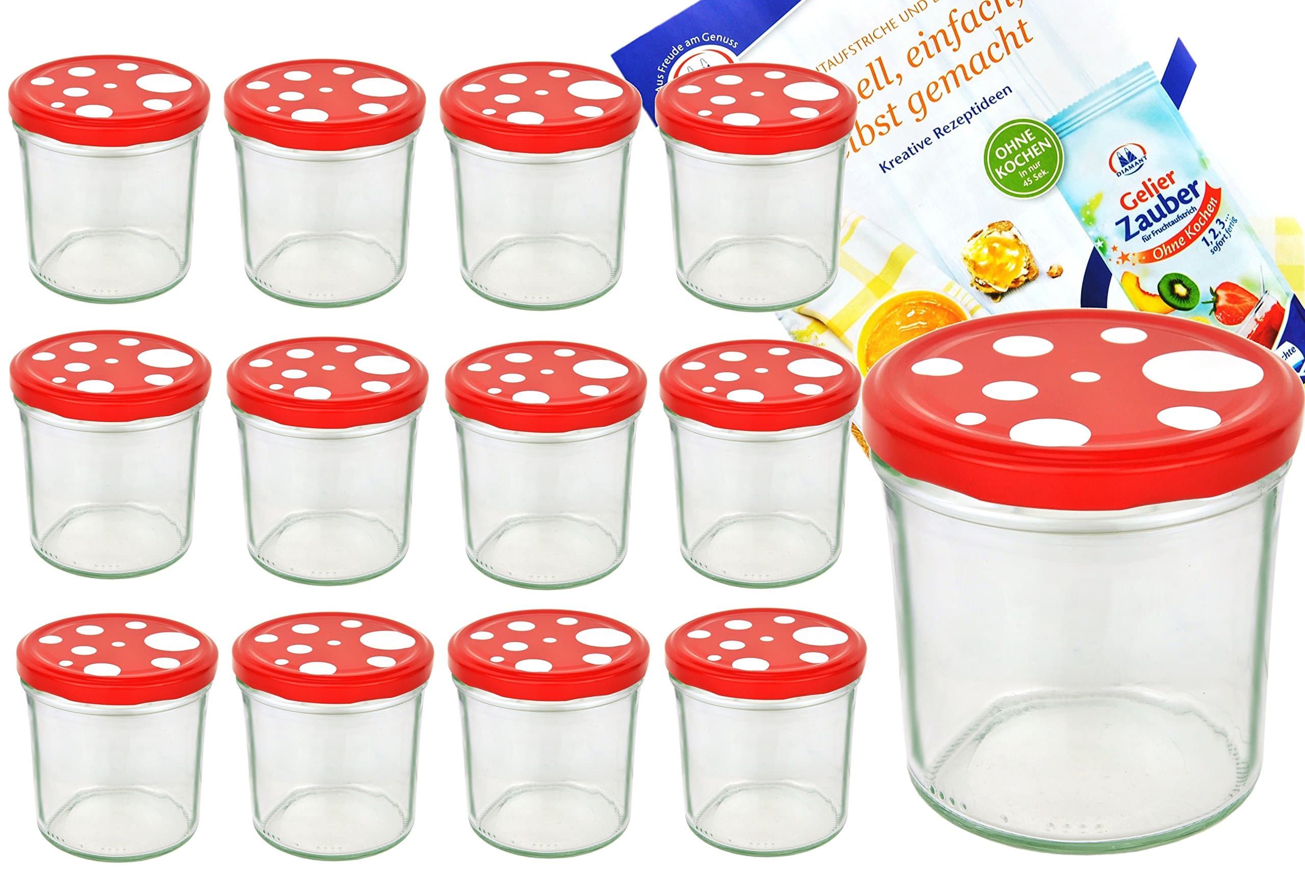 Recipe Jam Jars Toadstool Lid Red and White Polka Dots with Diamant Gelierzauber (Preserving Sugar) Recipe Book with Lids / Set of 12 / 350 ml [German Language Product]