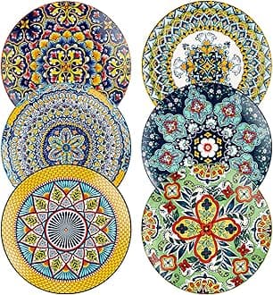 HENXFEN LEAD Ceramic Dessert, Salad Plates 8.5 Inch, Small Dinner Plate Set of 6- Serving Dishes for Thanksgiving & Christmas, Dishwasher & Microwave Safe - Bohemian Style