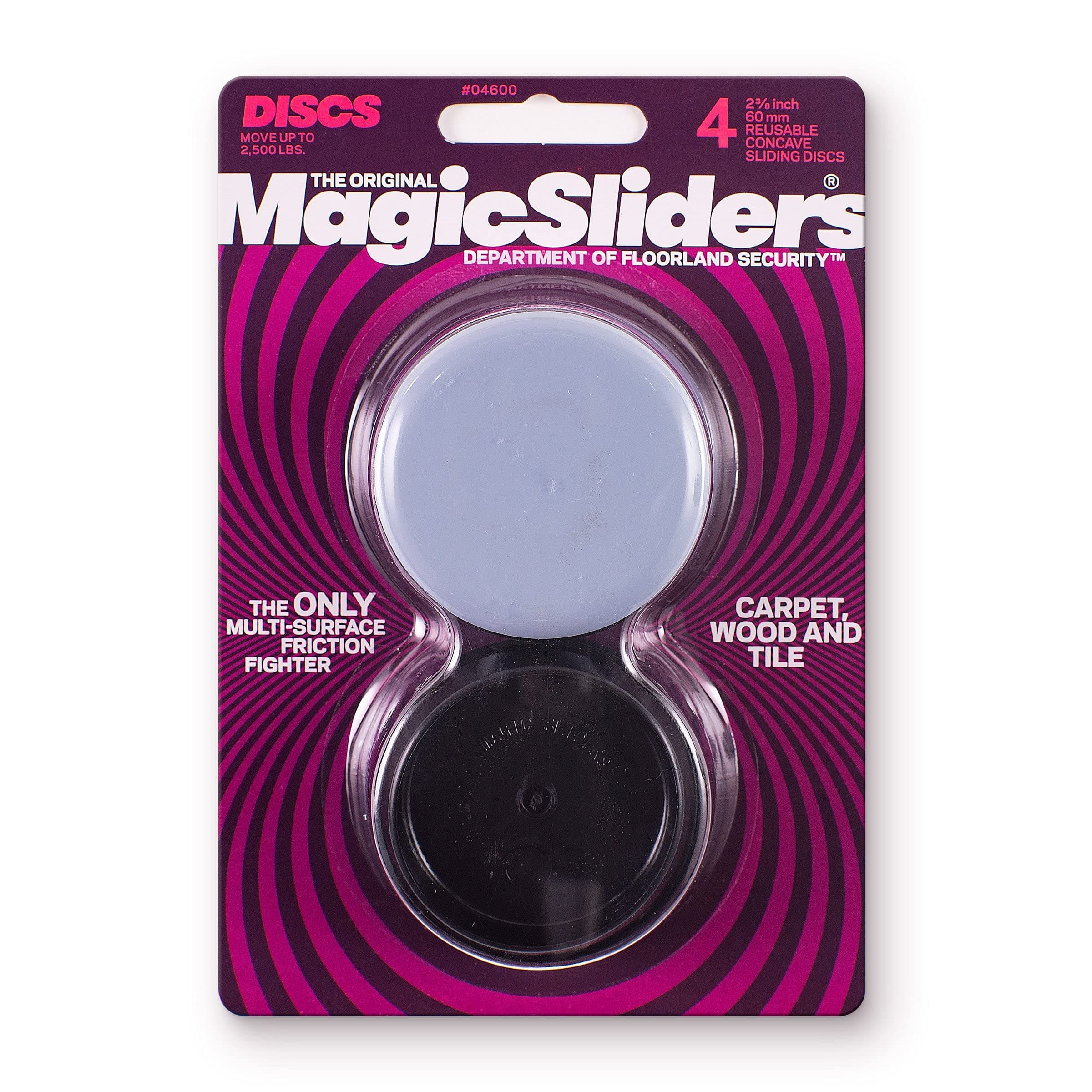 MAGIC SLIDERS - 2-3/8 in. (60mm) 4 pack - Self-adhesive Furniture Disc Pad Sliders for Household Furniture to Protect Surfaces, Wood, Tile, Carpet, and Vinyl Floors | Smooth Gliding Easy to Apply