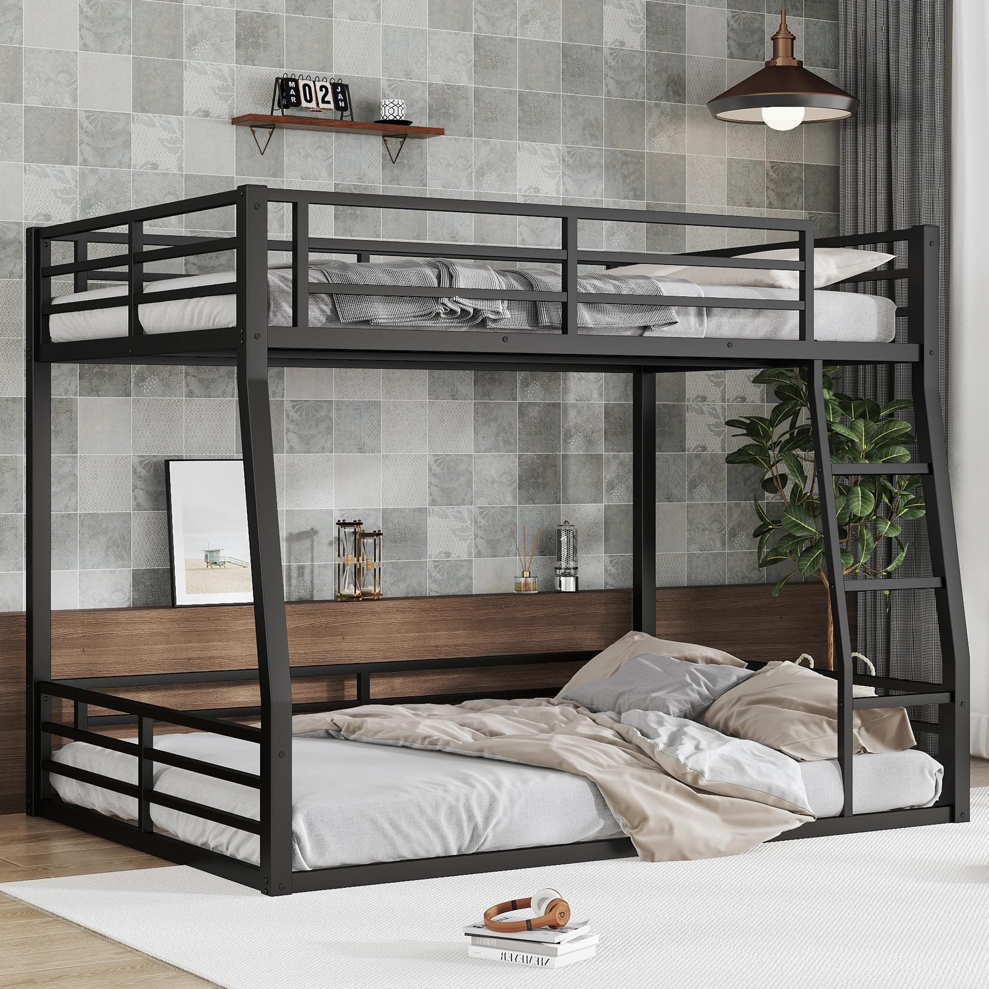 Full XL Over Queen Bunk Bed Frame with Noise Reduced Design, Heavy Buty Floor Bunk Bed Full XL Over Queen Bunk Beds with Build in Ladder for Adults, Teens(Black Floor Bunk Bed)