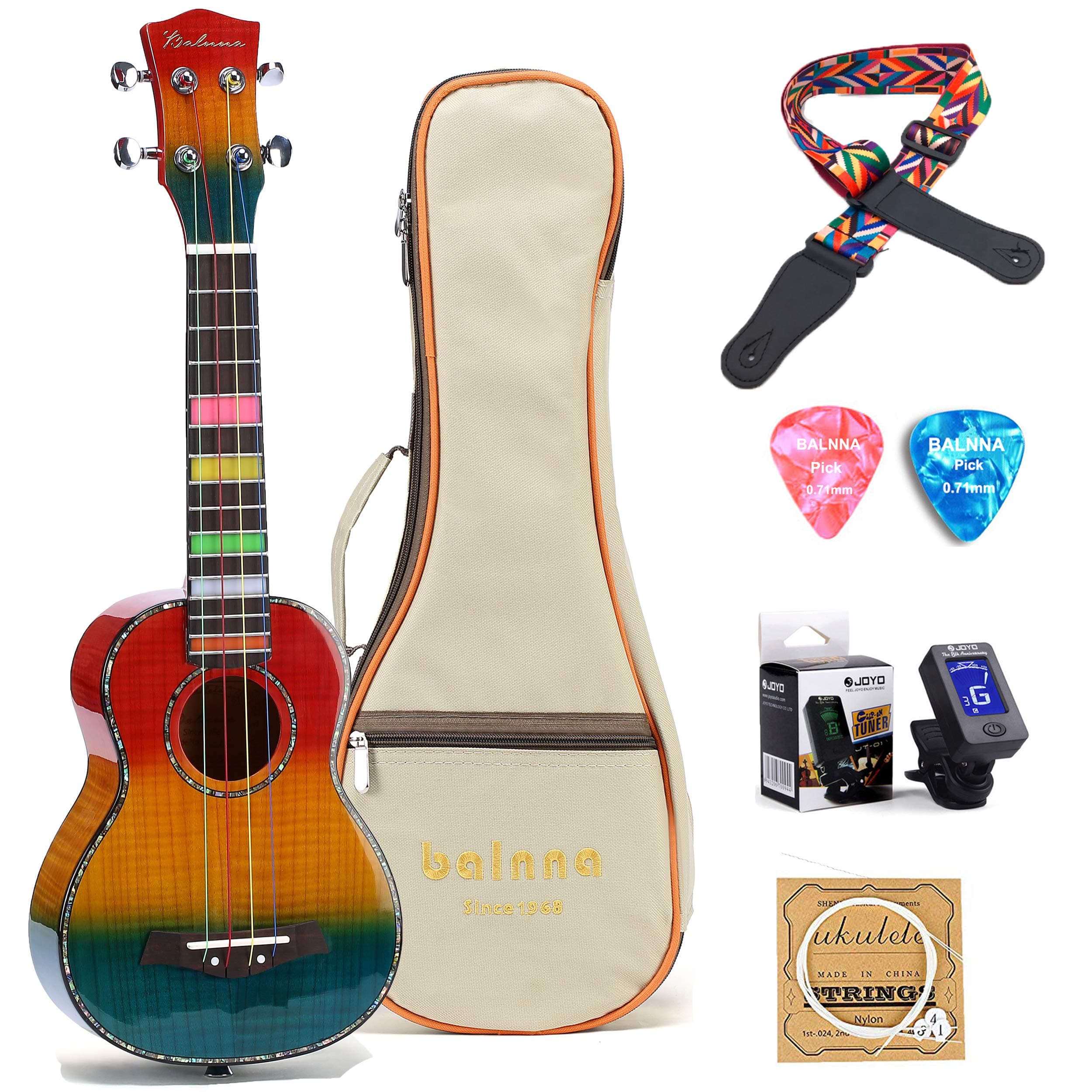 Soprano Ukulele Maple 21 inch Traditional High-gloss Rainbow Learn to Play,Color String with Soft Case Gig Bag