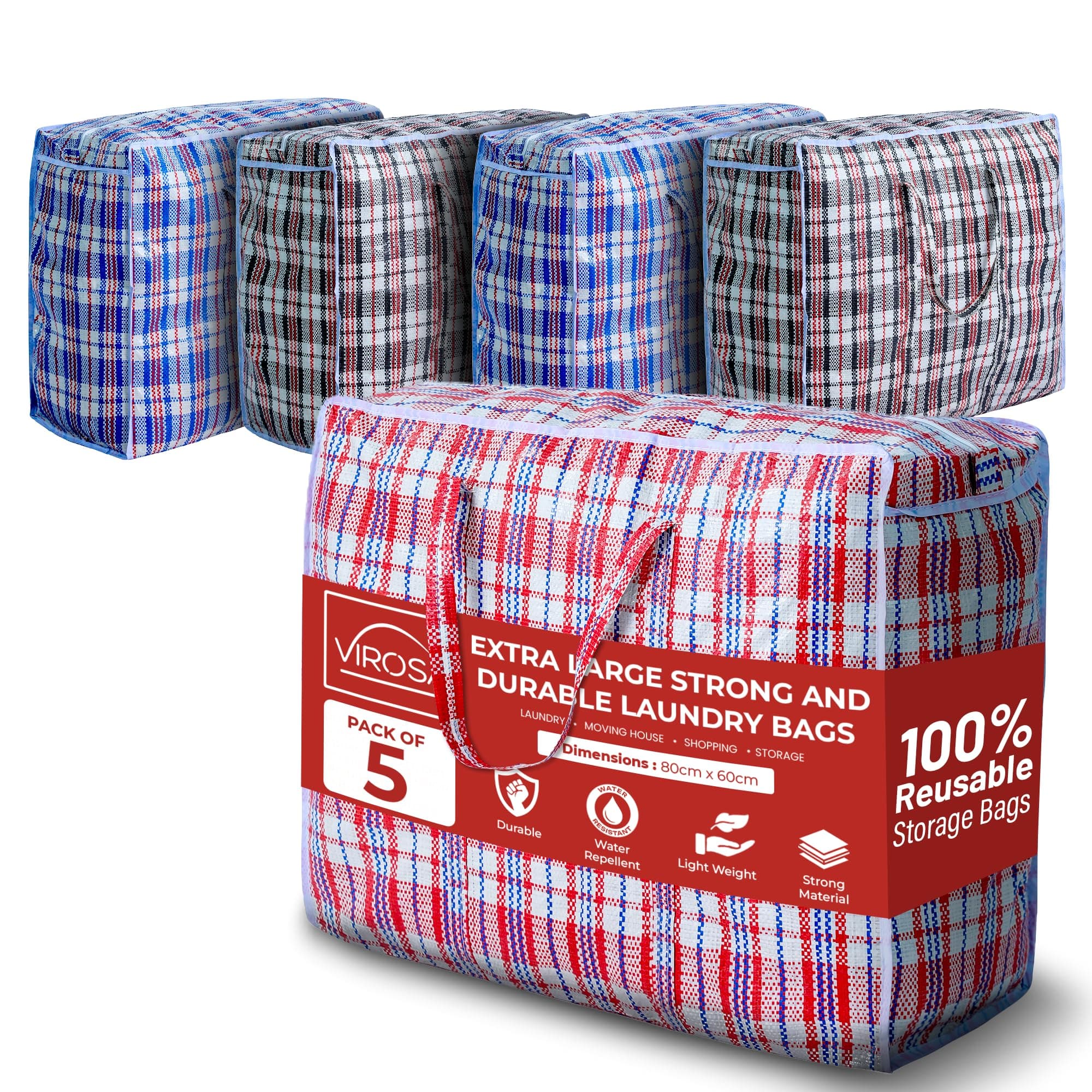 VIROSA EXTRA LARGE Strong and Durable Laundry Bags | PACK of 5 | 80cm x 60cm | Ideal for Laundry/Moving House/Shopping/Storage | Reusable Store Zip Bag,Red, Black, Blue