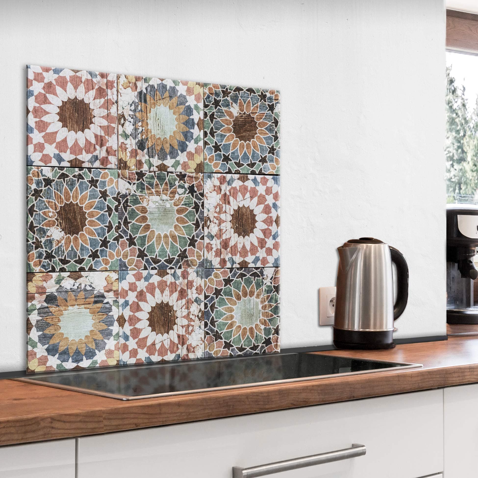 murando Glass Splashback for Kitchen Backsplash Cooker Protector Tempered Glass Decorative Wall Art Panel Heat Resistant Graphic 60x60 cm / 24"x24" Mosaic Tiles Wood Boards f-C-0435-aq-a