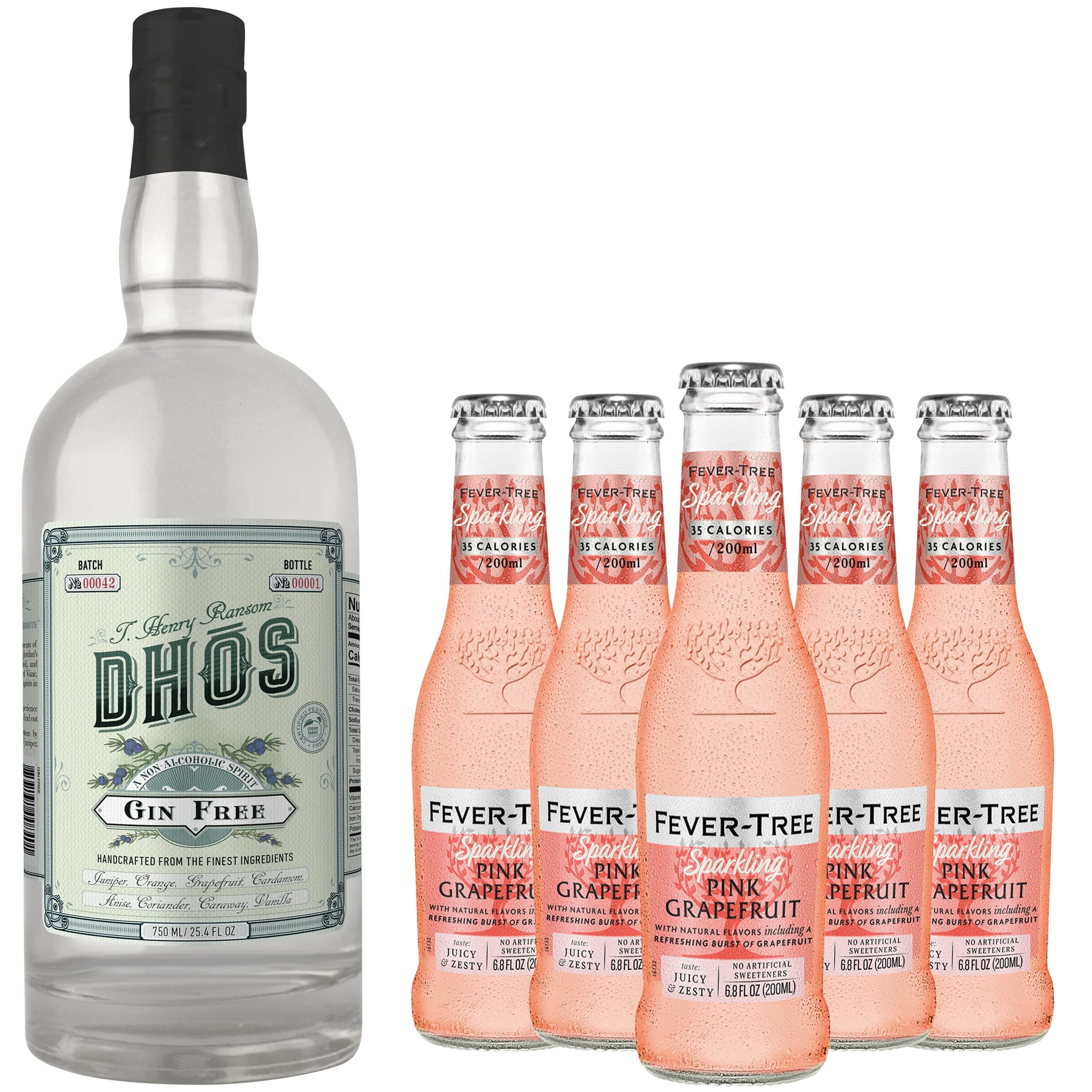 Dhos Handcrafted Non-Alcoholic Gin w 5 Pack Fever Tree Sparkling Pink Grapefruit- Keto-Friendly, Zero Sugar, Zero Calories, Zero Proof - 750 ML - Perfect for Mocktails - Made in USA