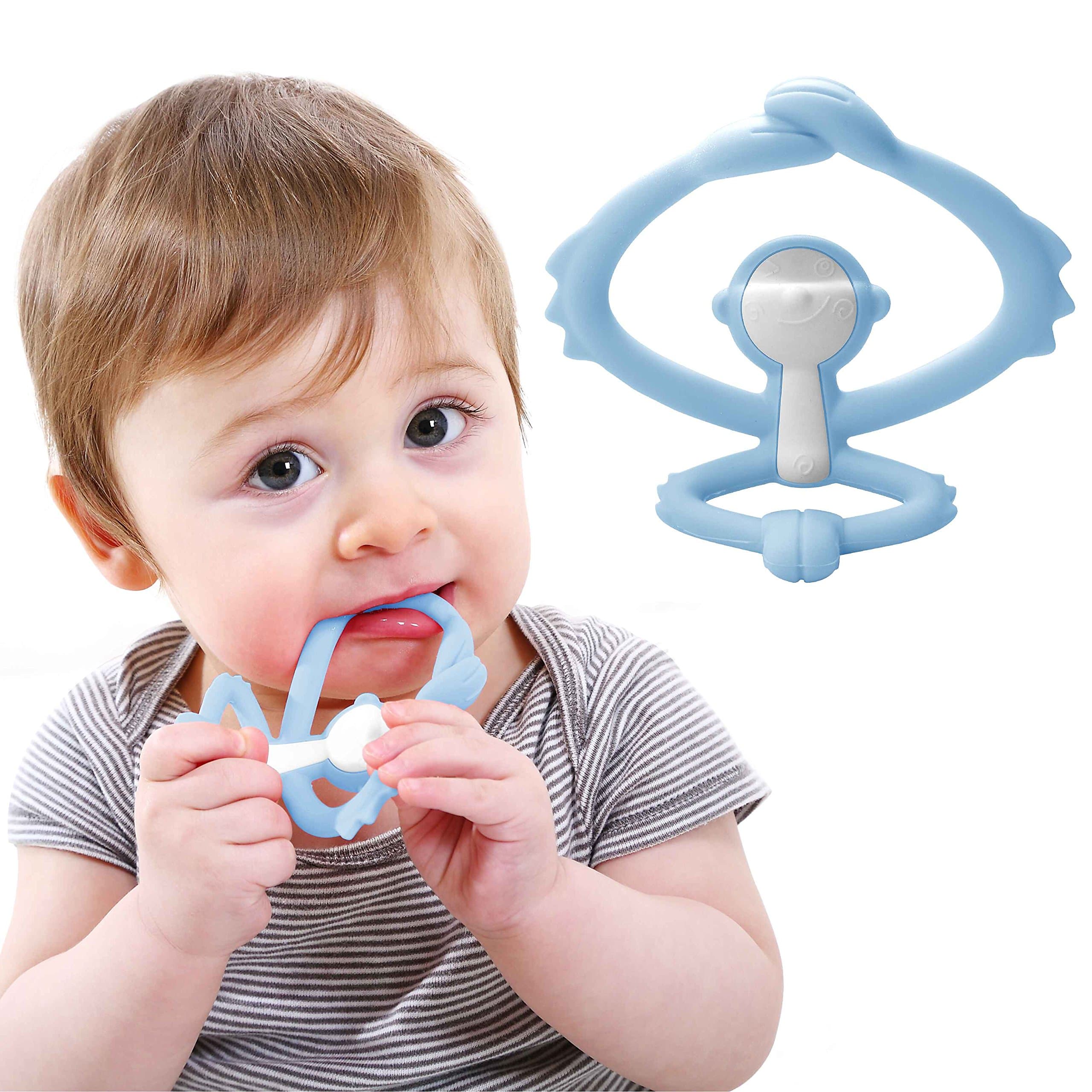 Mombella Hugging Monkey Teether Toy | Perfect for Sore Gums | Attaches to Bottles and Cups | Easy Grasp | BPA, Phthalate, PVC, Latex Free | Microwave, Sterilizer and Freezer Safe | 3M+,Light Blue