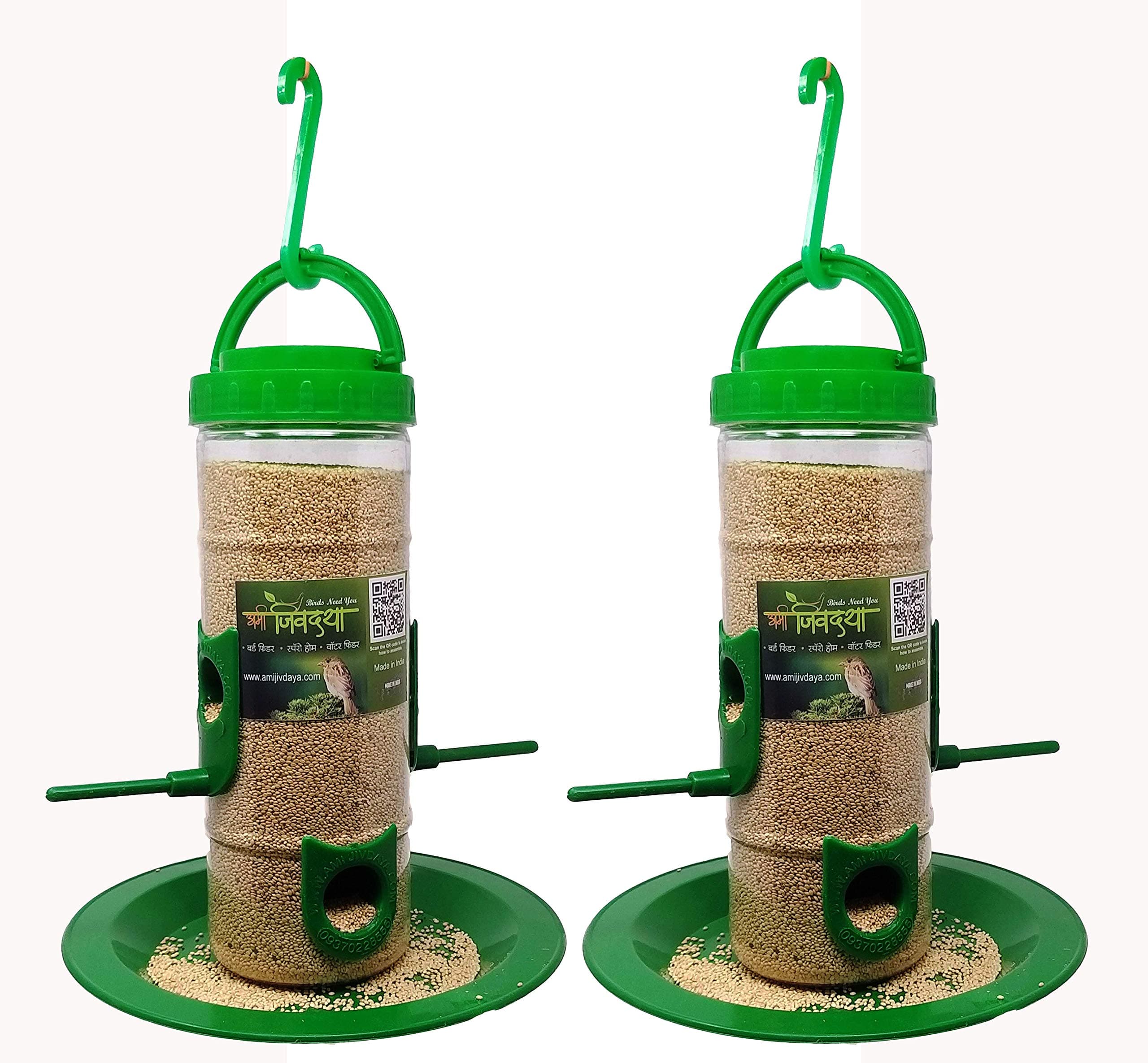 Amijivdaya Plastic Bird Feeder with Holding Handle with 6 Feed Nozzles - Heavy Duty Hanging Bird Food Feeder for Balcony, Outdoor, Pack of 2, 1 Kg Capacity (Medium, Green)