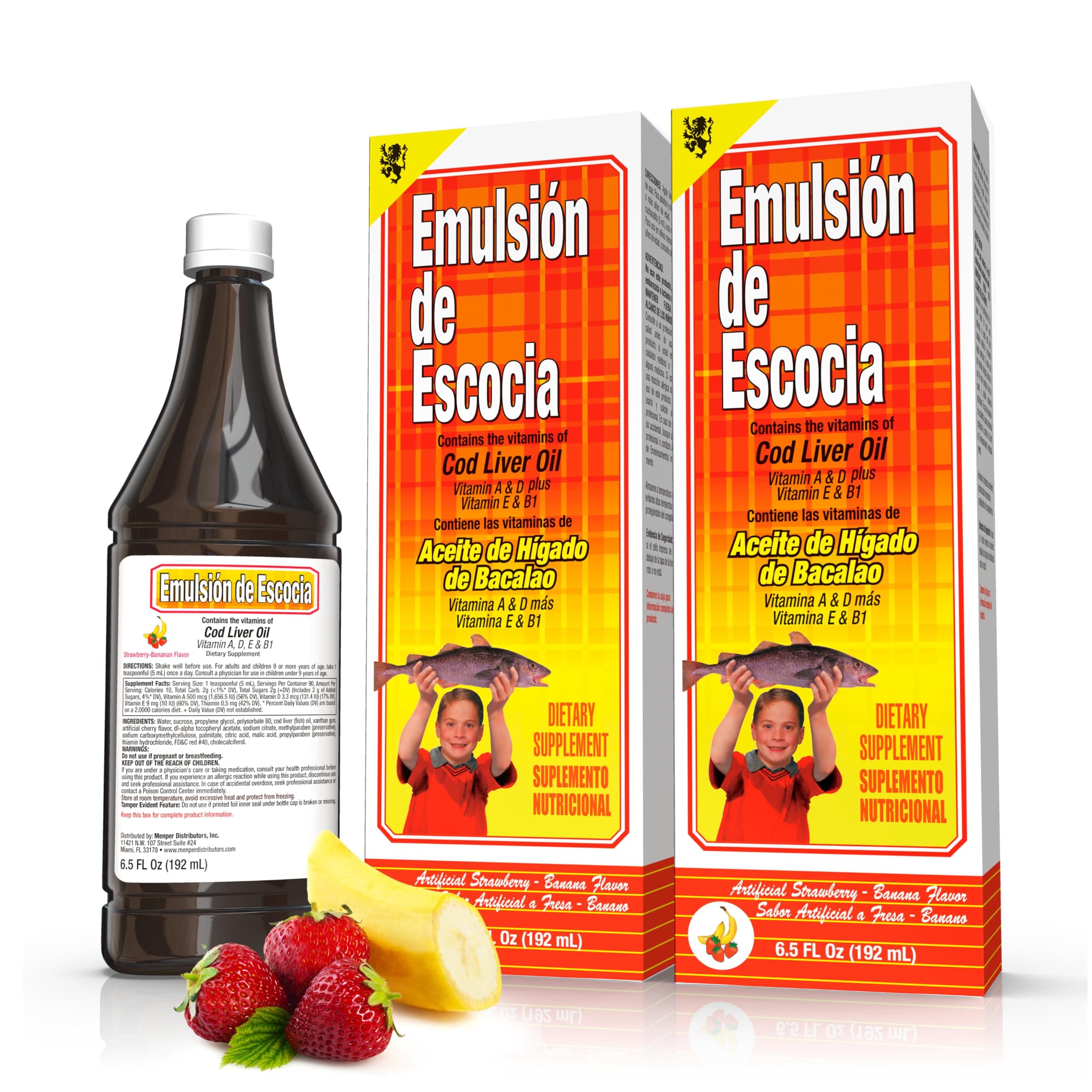 Emulsion de Escocia , Cod Liver Oil, with Vitamins A, D, E and B1, Strawberry-Banana Flavor, 2 Pack 6.5 Fl Oz, 2 Bottles.