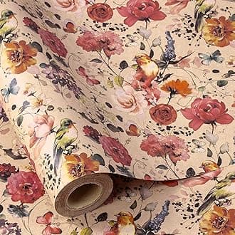 Floral Wrapping Paper Bouquet for Women, 17 in x 16.4 ft, Mini Roll, Blooming with Bird and Butterfly Design, Kraft Wrapping Paper Roll for Spring, Birthday and Baby Shower