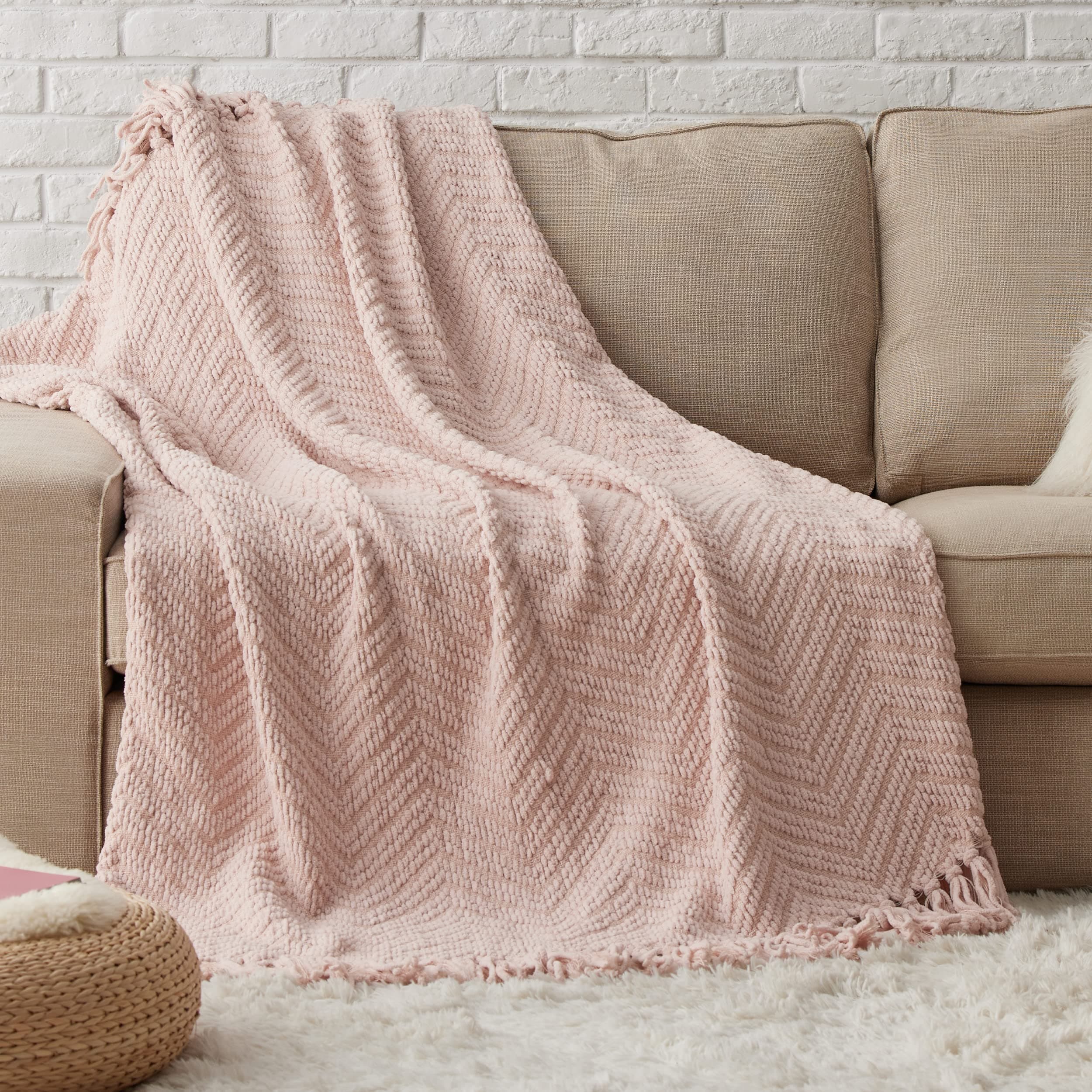 Bedsure Spring Throw Blankets for Couch - Textured Knit Woven Chenille Blanket - Super Soft, Warm Decorative Boho Throw with Tassels for Bed, Sofa and Living Room, Light Pink, 50x60 Inches