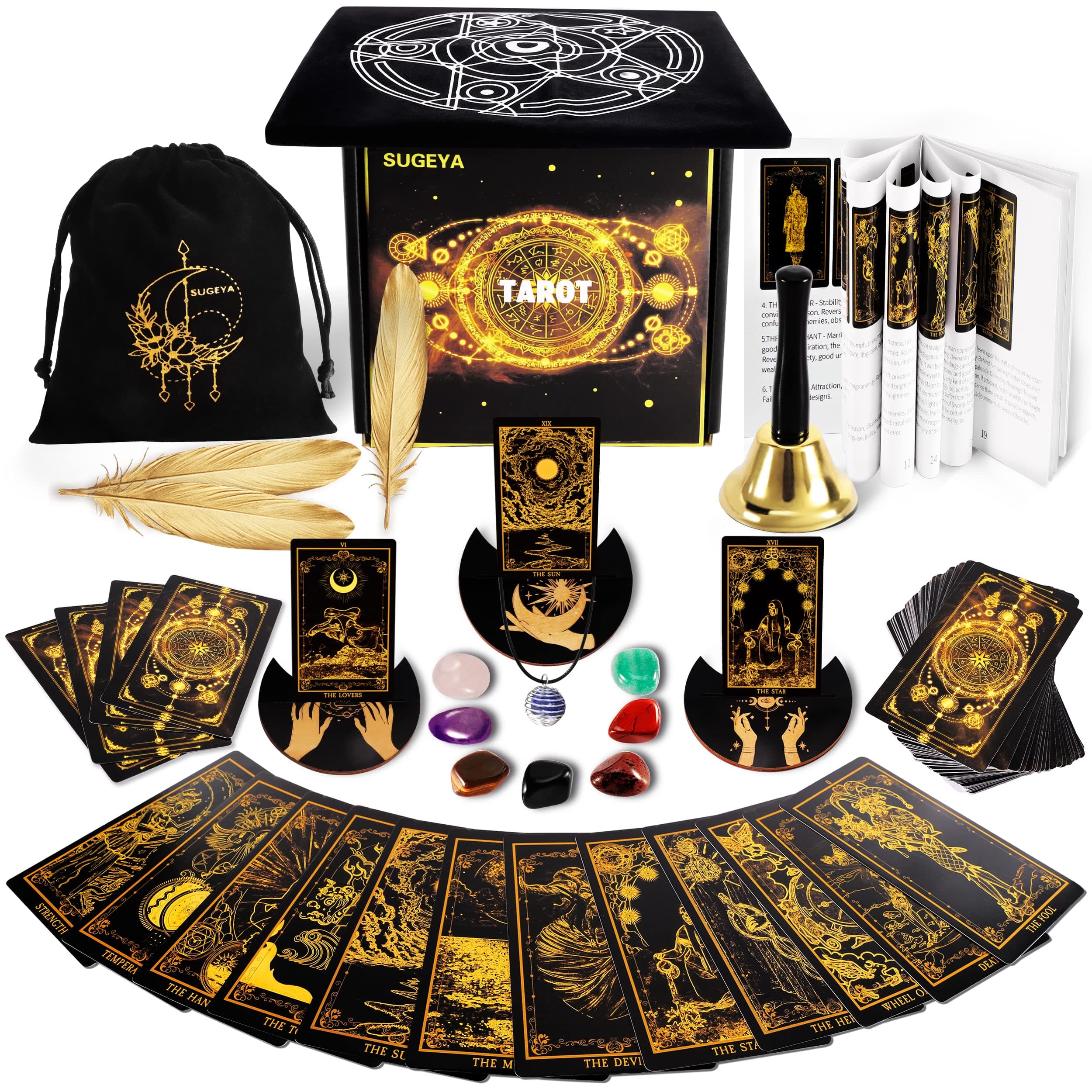 - SUGEYA 78 Tarot Cards with Guide Book, Black Tarot Deck Gift Set with Tarot Cloth, Chakra Stones and More, Tarot Cards Deck Fortune Telling Game Craft Cardboard for Beginners and Expert Readers