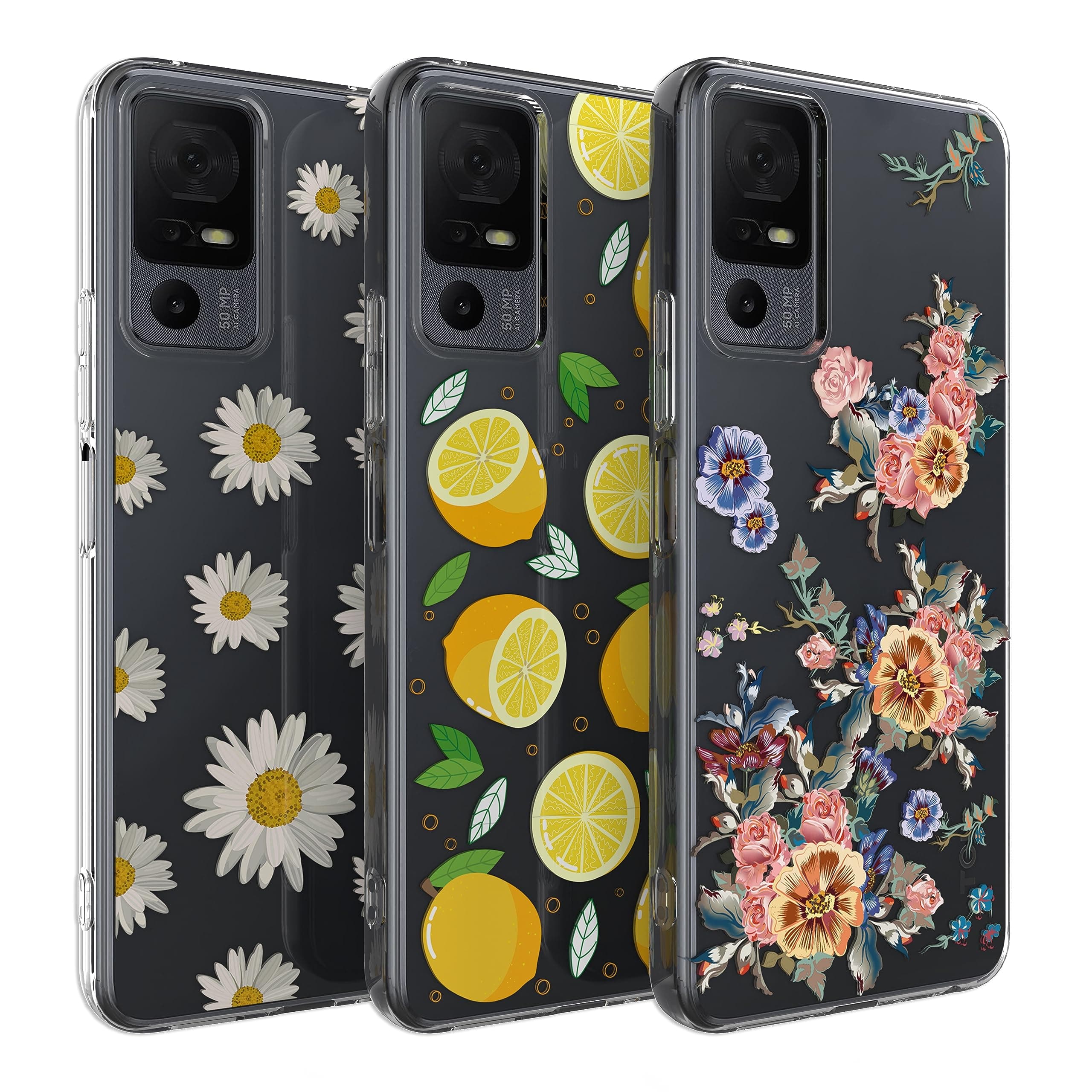 Romozi (3-Pack) for TCL 40 XL Case, Soft Clear TPU Gel [Scratch-Resistant] Drop Silicone Bumper Protection Shockproof Phone Case Cover for TCL 40 XL,Lemon Daisy Flower