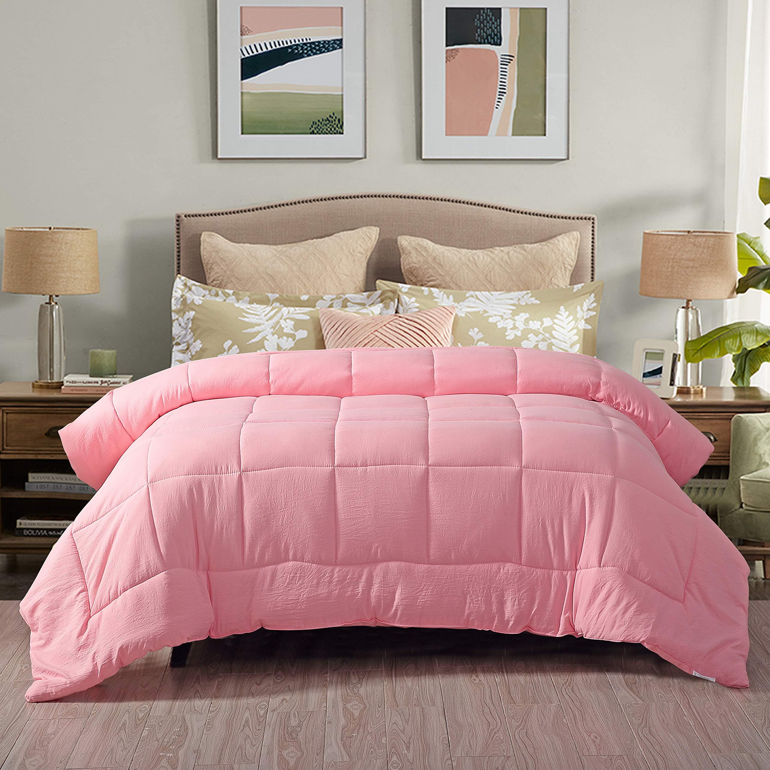 EVOLIVE All Season Pre Washed Soft Microfiber White Goose Down Alternative Comforter (Pink, Full/Queen)