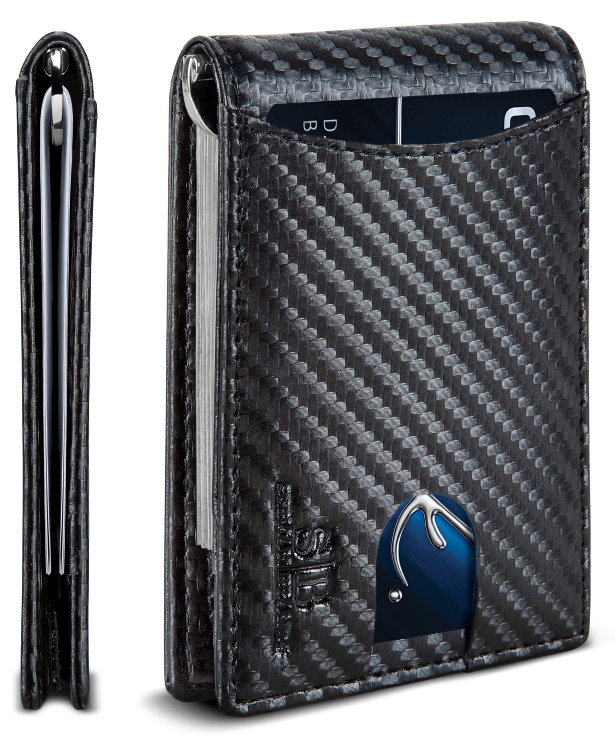 SERMAN BRANDS RFID Blocking Slim Bifold Genuine Leather Minimalist Front Pocket Wallet for Men with Money Clip Thin Gift, modern black 1.s