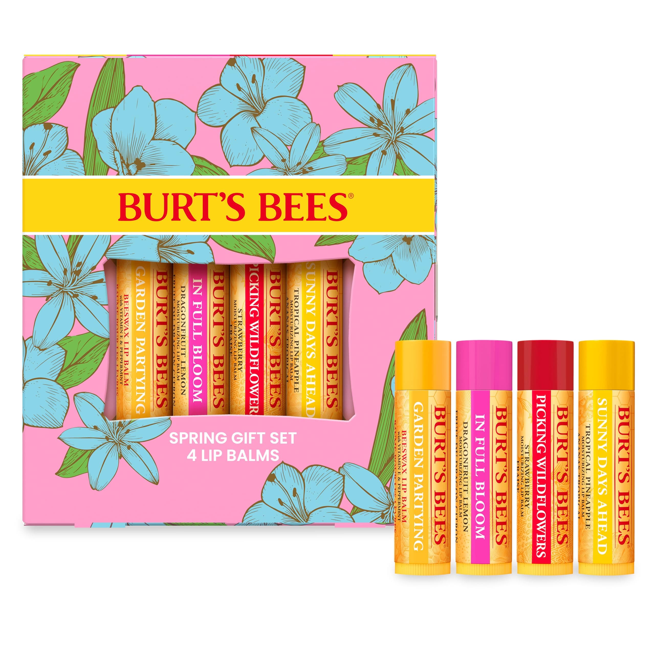 Gifts Ideas - In Full Bloom Lip Balm Set, Original Beeswax, Dragonfruit Lemon, Tropical Pineapple & Strawberry, Natural Origin Lip Treatment, 4 Tubes, 0.15 oz.