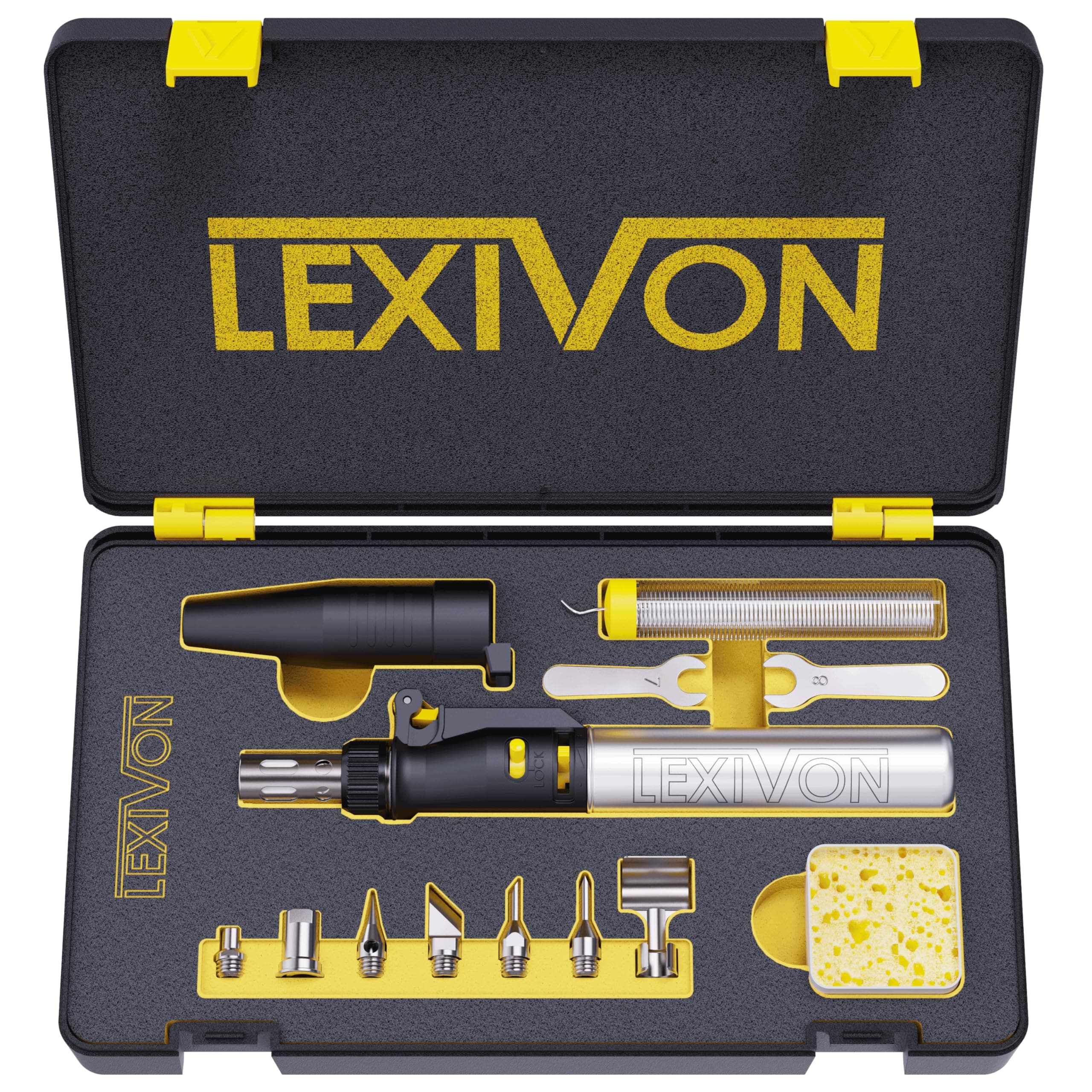 LEXIVON Butane Soldering Iron Multi-Purpose Kit | Cordless Self-Igniting Adjustable Flame 7-Tip Set | Pro Grade 125-Watt Equivalent (LX-770)