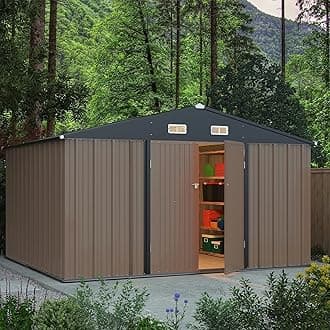 Greesum 10×8 FT Outdoor Storage Shed, Metal Storaged Sheds Without Floor, Tool Sheds with Lockable Doors and Slooping Roof for Garden, Patio, Backyard, Brown