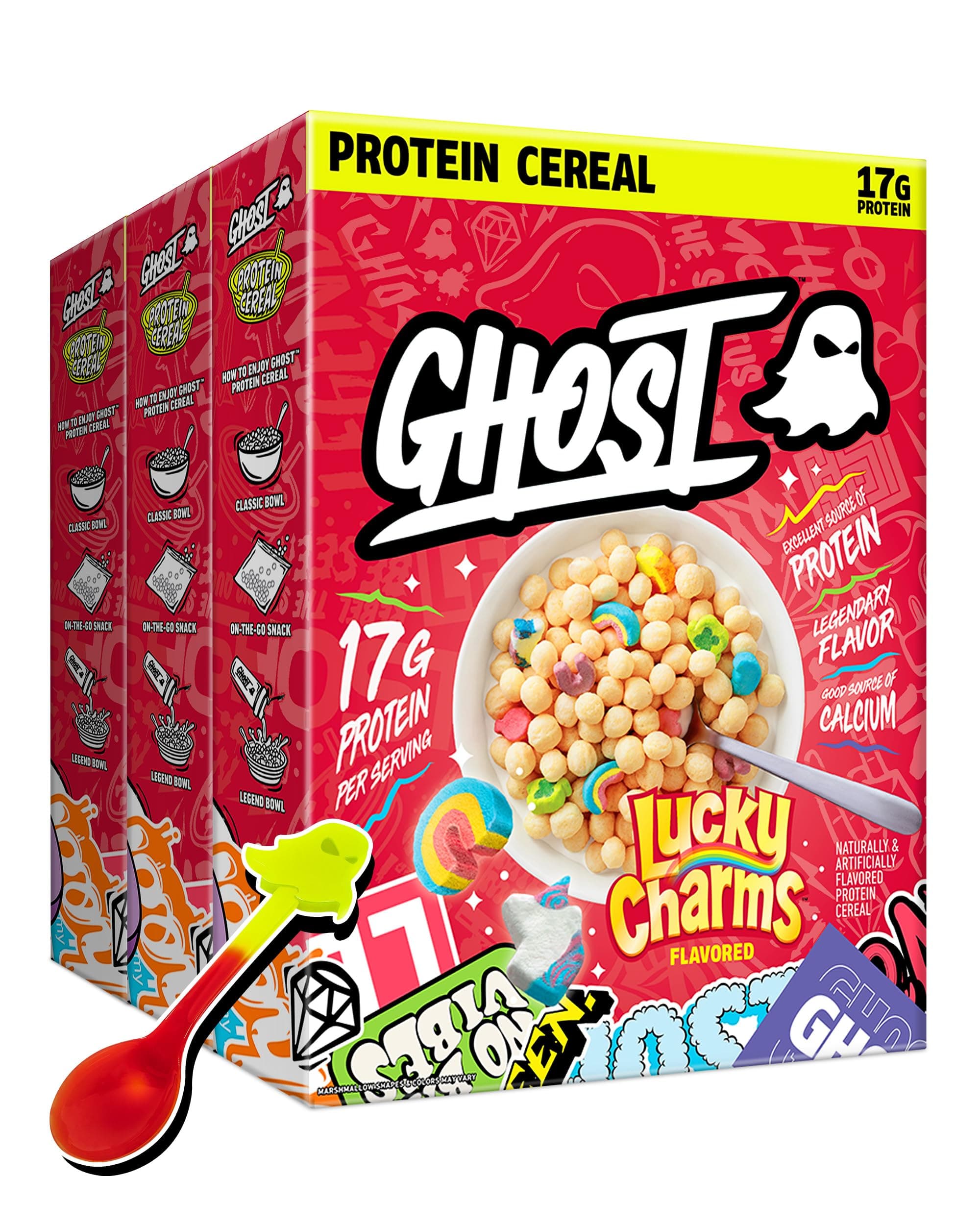 GHOST Protein Cereal, Marshmallows (3-Pack) - Contains Lucky Charms Marshmallows - 17G Protein, Good Source of Calcium - Breakfast Cereal & Snack - 9.4oz Box