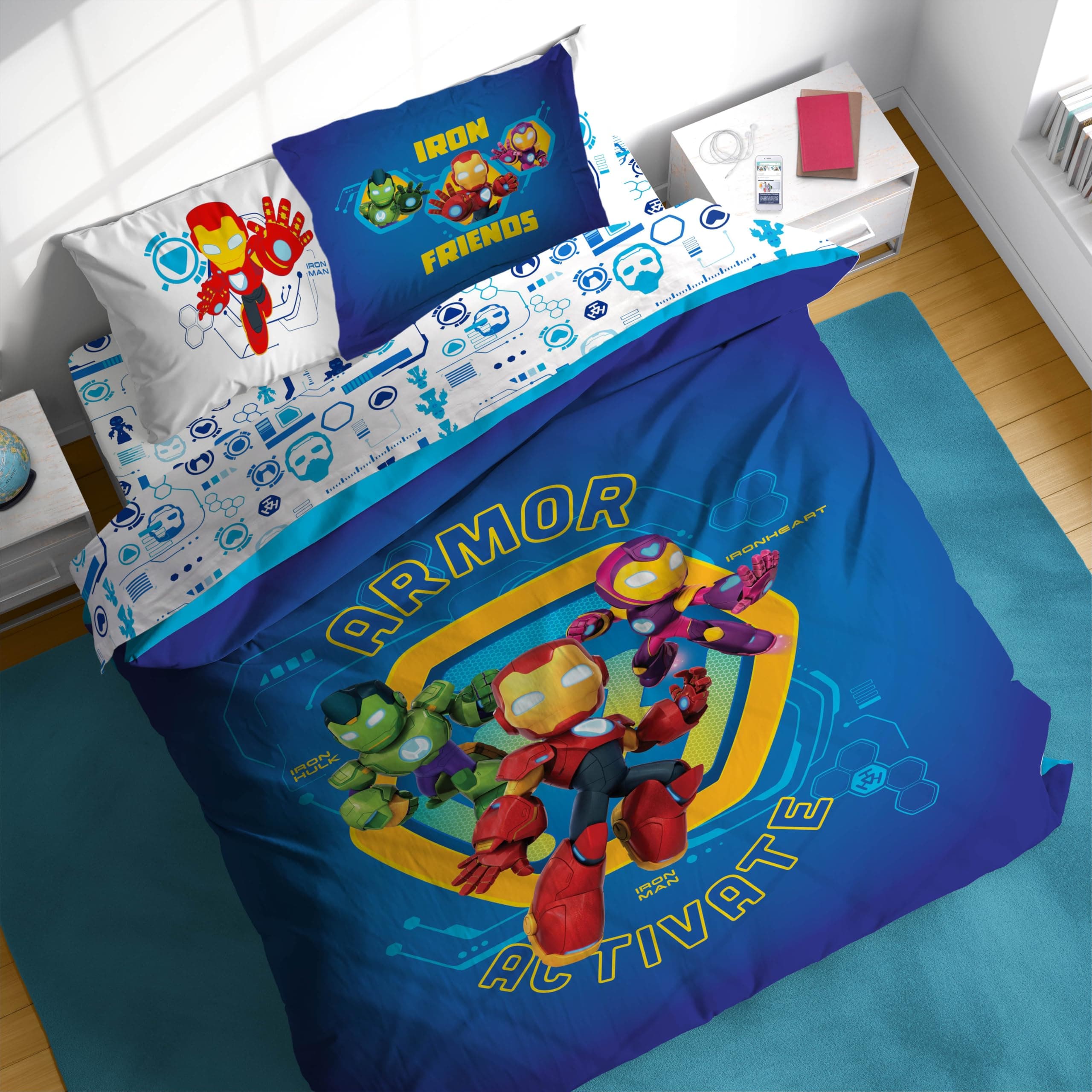 Sunny Side Up Kids Comforter Set Includes Sheets and Pillow Covers - Soft and Cozy Bed Set for Stylish Room Decor, Blue - Iron Man and His Awesome Friends, 7 Piece Full Size Bedding