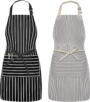 Syntus 2 Pack Adjustable Bib Apron with 3 Pockets Cooking Kitchen Aprons for Women Men Chef, Pinstripe