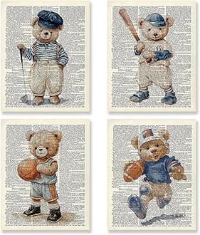 KSDUT Vintage Bear Sports Wall Decor Art Set of 4 - Retro Nursery Artwork Poster Prints Boys Room Wall Decor Kids Gifts Wall Art for Nursery Sports Room Dorm Decorations - 8"x10" Unframed
