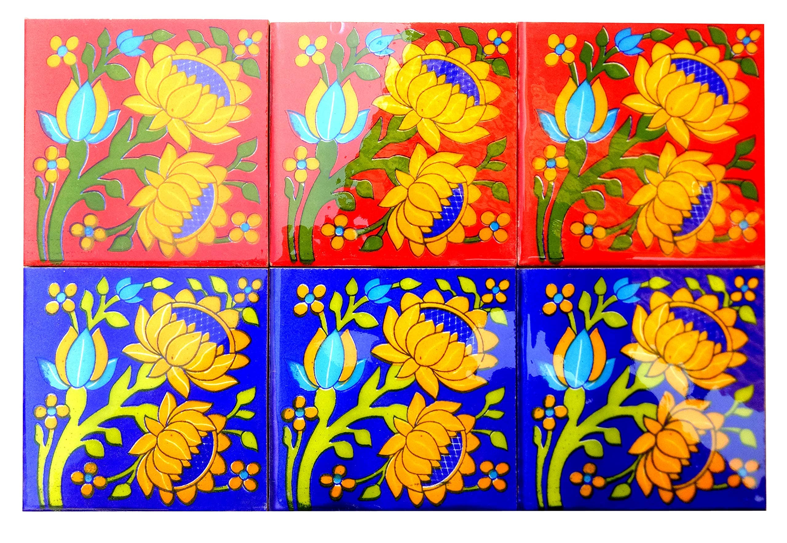 Shiv Kripa Blue Pottery Home Decor Ceramic Wall Tile Design Flooring Tiles Floral Kitchen Washroom Mosaic Furniture Tile Handmade Backsplash 4 x 4 Inch Pack of 6 Tiles (Multi)